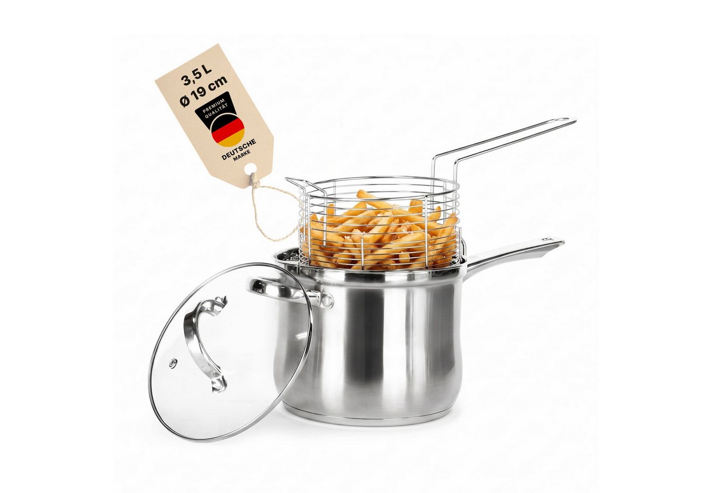 BIG-PAN Frittiertopf Pommestopf 3,5 L Edelstahl Fritteuse mit Frittierkorb und Glasdeckel, Edelstahl (Pommes-Frittierer Stielkasserolle, Kochtopf Universaltopf Kasserolle), Frittöse Topf für Pommes