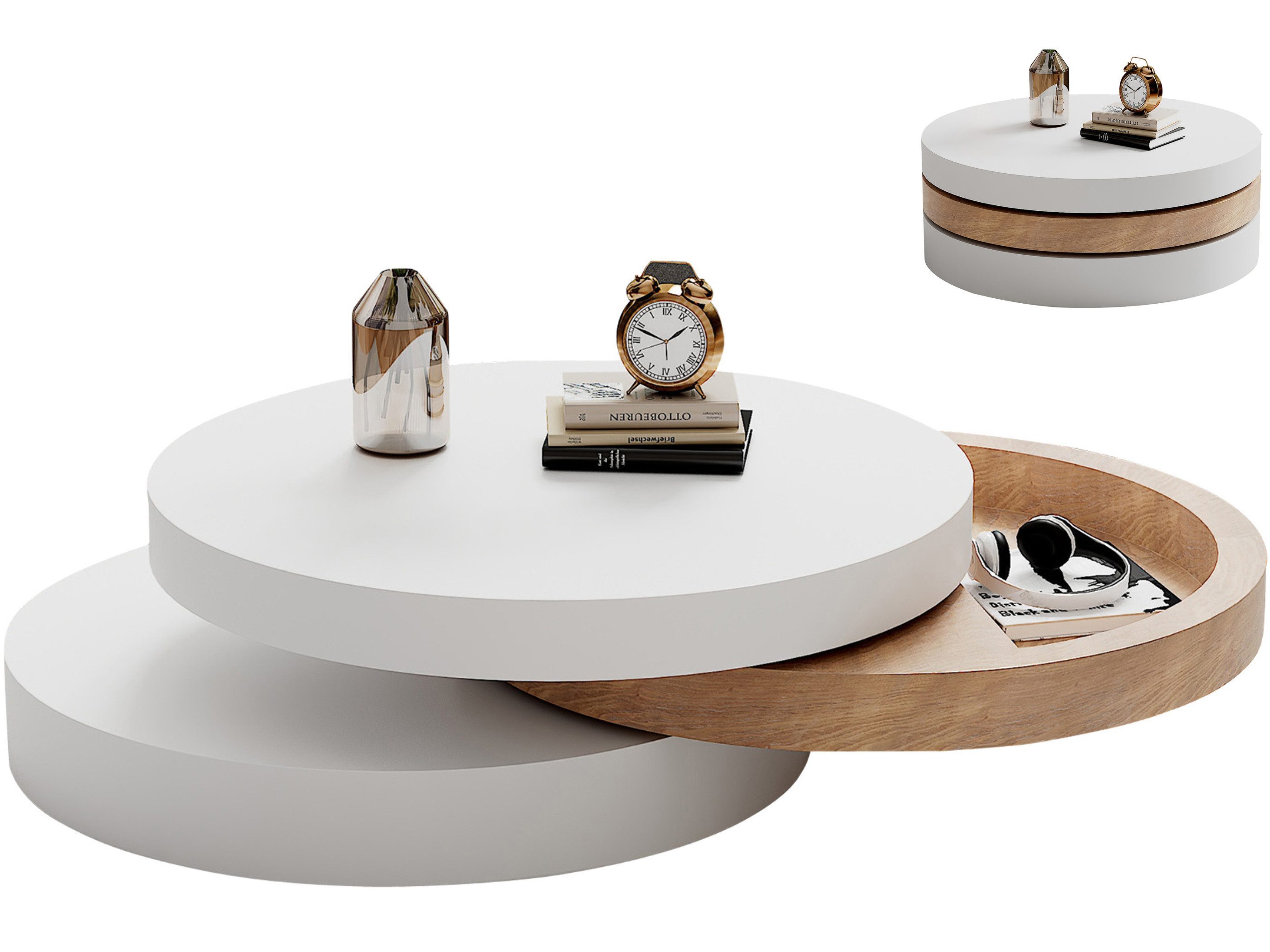 SeedWave Couchtisch 3-Ebenen Sofatisch in Zylinderform mit 360° Drehbarer Tischplatte, Runder Wohnzimmertisch mit 60cm - 80cm Durchmesser, Stauraum