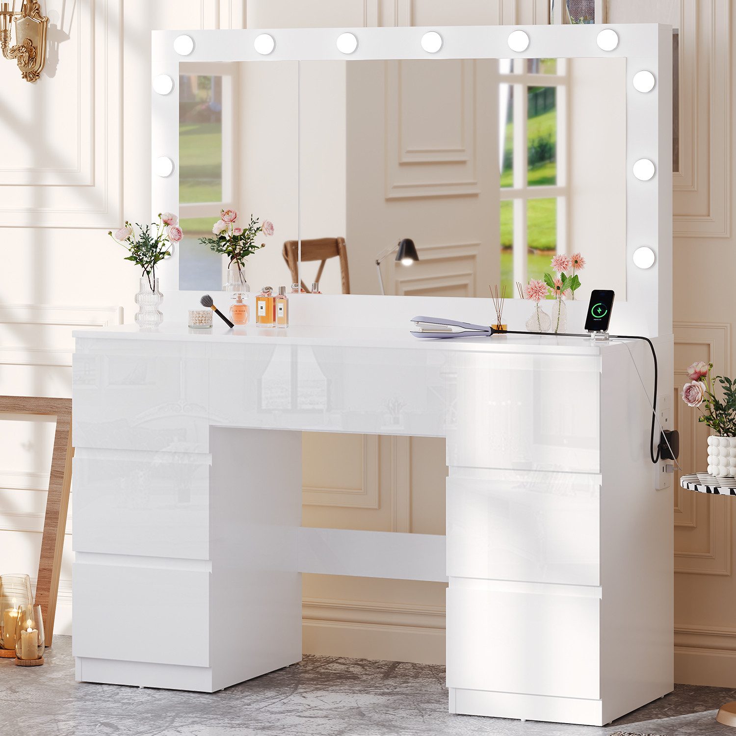 Furnicopia Schminktisch mit 7 Schubladen mit 2 Steckdosen 1 USB-Anschluss 1 günstig online kaufen