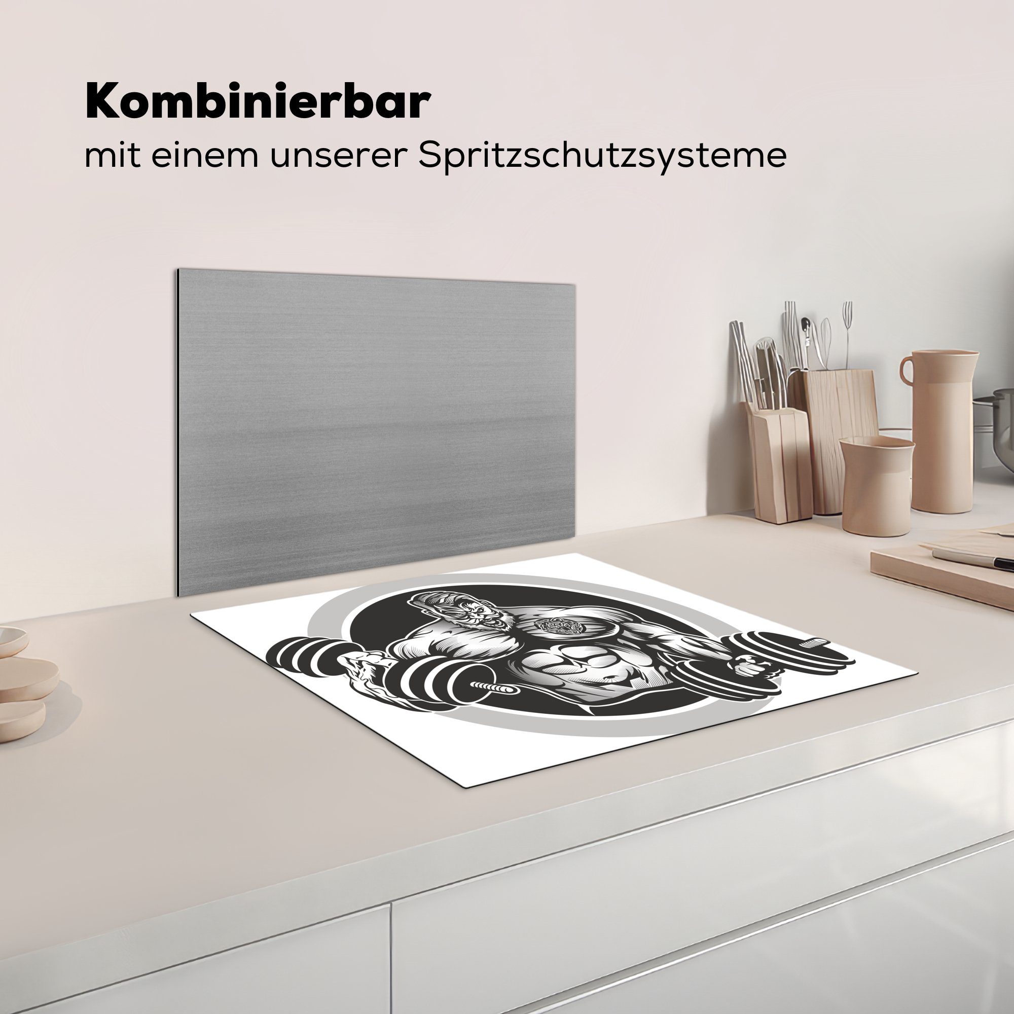 MuchoWow Ceranfeldabdeckung Arbeitsfläche cm, Herdblende-/Abdeckplatte Hanteln, 60x52 mit Eine zwei eines tlg), Mobile Vinyl, nutzbar, Illustration Bodybuilders (1