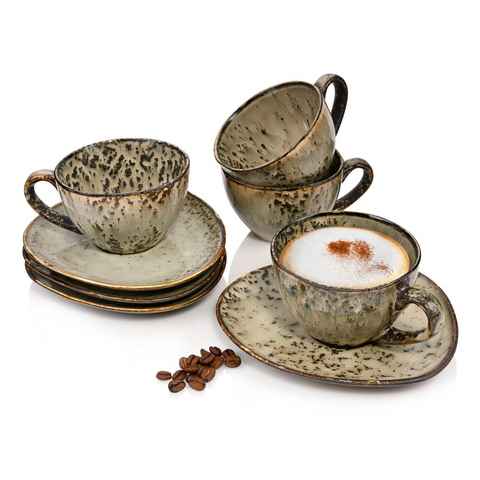 SÄNGER Kaffeeservice Pompei Kaffeetassen Set Beige mit schwarzen Akzenten (8-tlg), 4 Personen, Steingut, 230 ml, Handmade