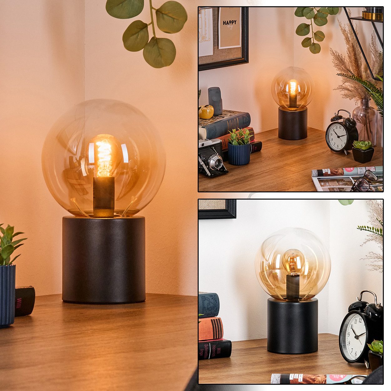 hofstein Tischleuchte Tischlampe aus Metall/Glas in Schwarz/Bernsteinfarben/Klar, ohne Leuchtmittel, Leuchte im Retro/Vintage-Design mit Glasschirm (15 cm), 1 x E14