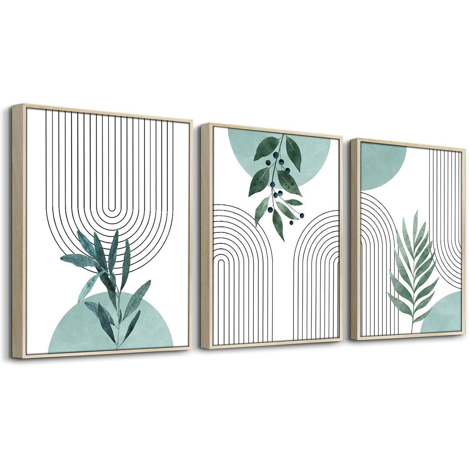 hyidecorart Bild mit Rahmen Salbeigrün Boho Bilder Mit Rahmen Holz Hellgrün Blätter 60x40cm