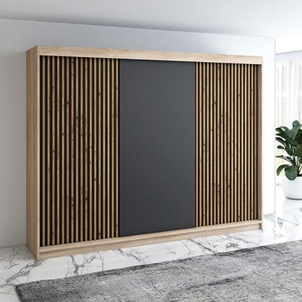 A&J MöbelLand GmbH Schiebetürenschrank IOSA 200 cm – Moderner Kleiderschrank mit 3D-Lamellen (TOP ANGEBOT! Geräumiger Schrank mit einer Breite von 200 cm ideal  – Bild 2 von 5