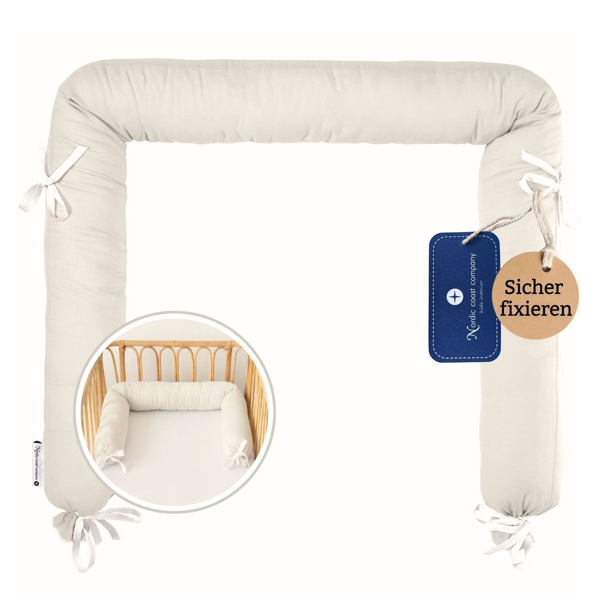 Nordic Coast Company Nestchenschlange Bettschlange Bettrolle für Babybett und Beispielbett Kopfschutz, Sicher venäht, passt ins Kinderbett, Kinderwagen, Premium Baumwolle