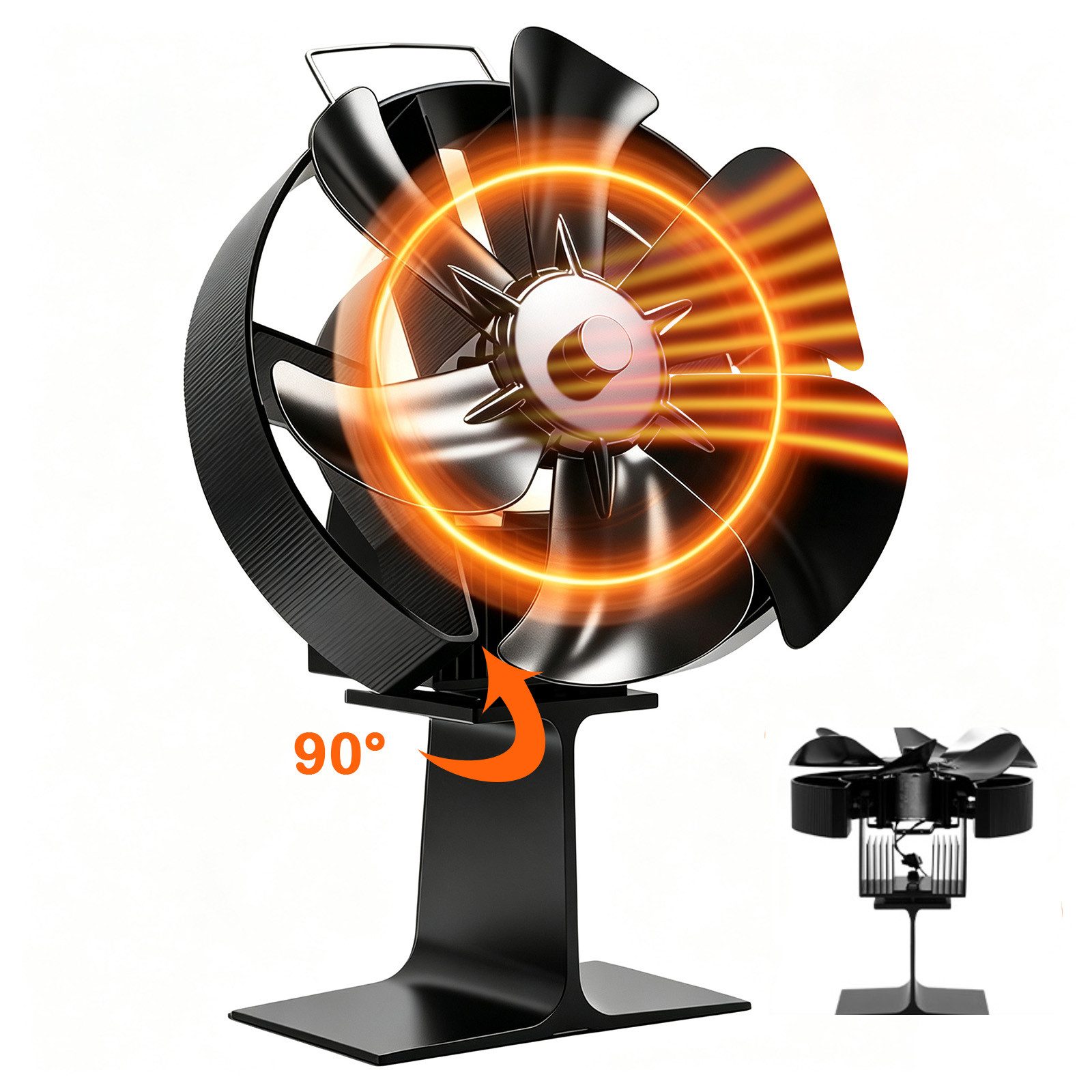 SunJas Kaminventilator 6 Flügel Ofenventilator Ohne Strom,0–90° verstellbar, Leiser, wärmebetriebener Ofenventilator für Pellet/Holzbrenner/Kamin