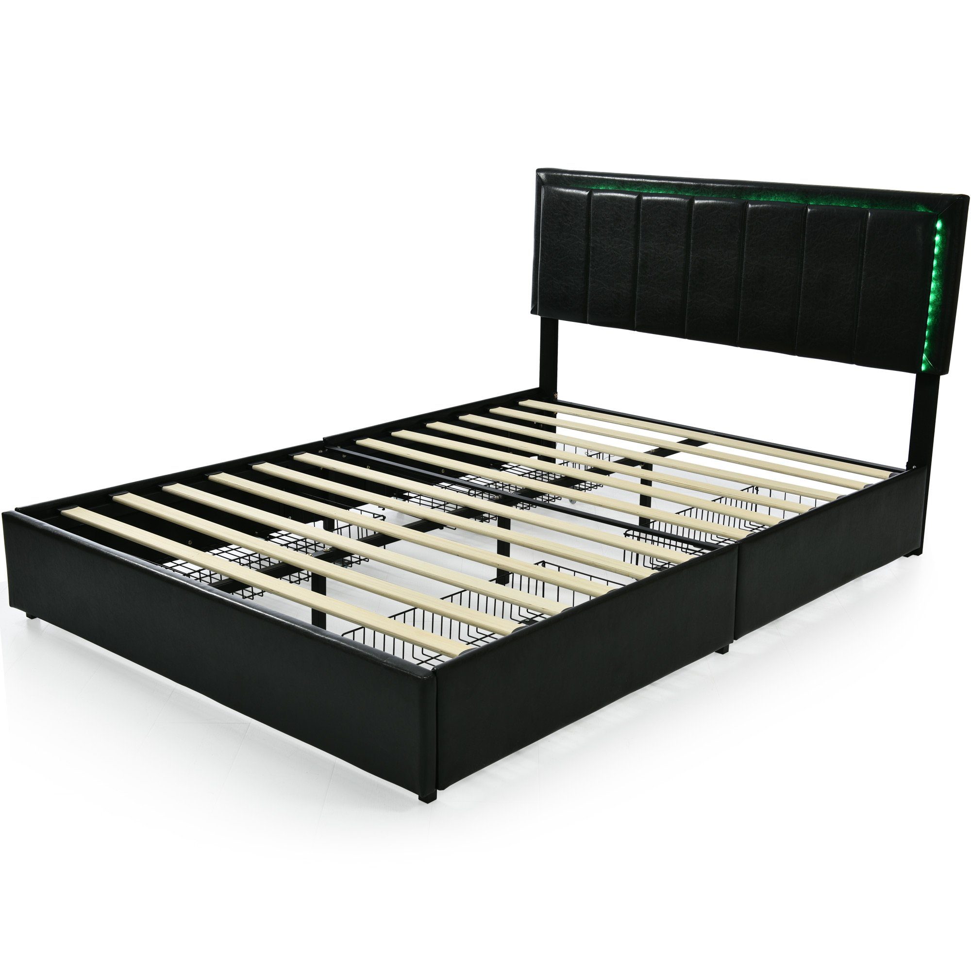 Polsterbett (Funktionsbett, 140 x 200 cm, mit 4 Schubladen, verstellbarem Kopfteil und Lattenrost), Doppelbett mit LED-Beleuchtung, Lattenrost aus Holz, Kunstleder