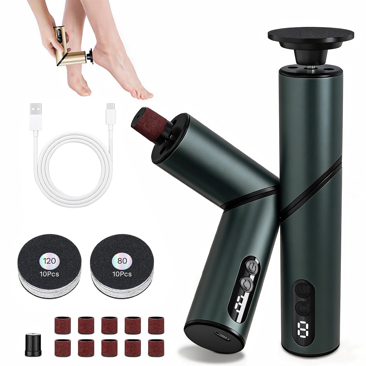 TUWENA Elektrischer Hornhautentferner Hornhautentferner Elektrischer 2-in-1 klappbar mit 9 Gangstufen, Wiederaufladbar, LED-Display, Aluminium, mit Zubehör, Salon-Qualität