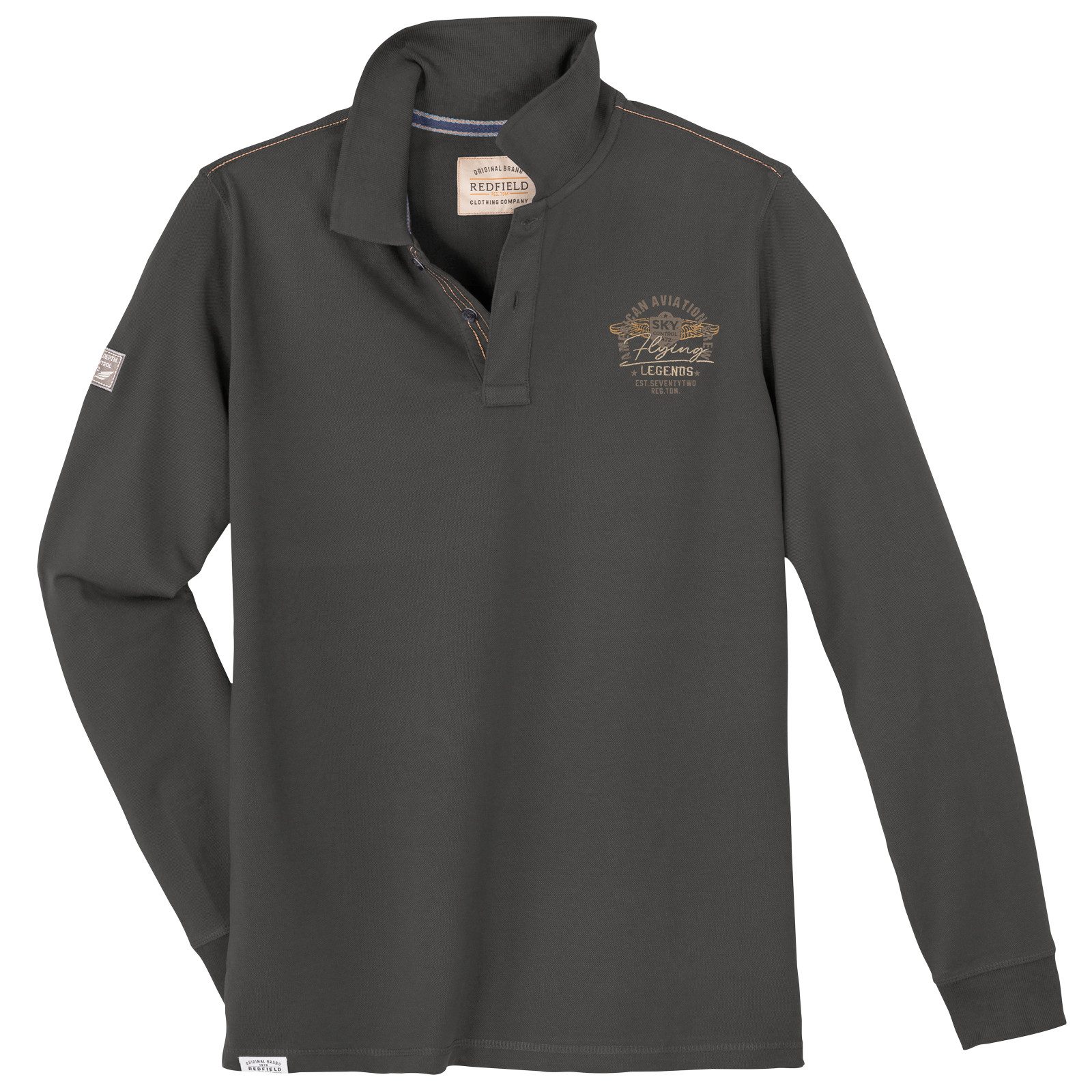 redfield Langarm-Poloshirt Redfield XXL Langarm-Poloshirt anthrazit Brustprint