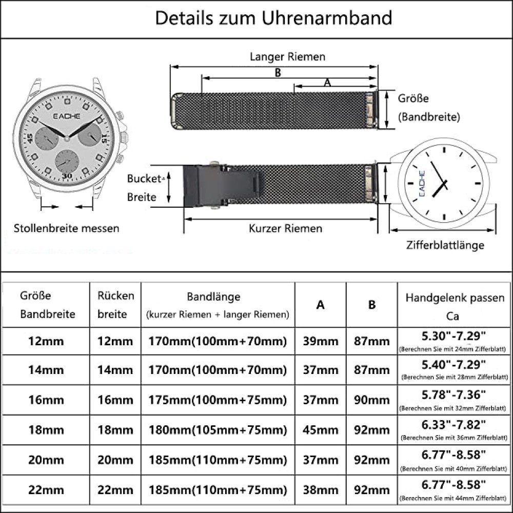 Mesh und Edelstahl Uhrenarmband Herren Silber(2cm) GelldG für Uhrenarmbänder Damen, Mesh Armband