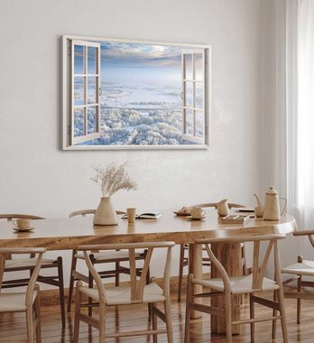 Sinus Art Leinwandbild Wandbild 120x80cm Fensterbild Winterlandschaft Horizont Schnee Weiß Wa, (1 St)