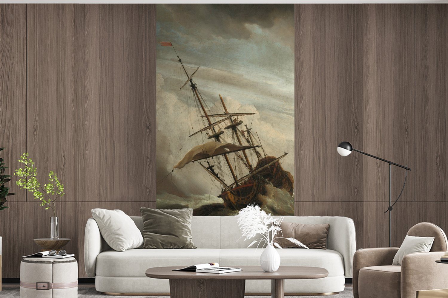 Küche, (2 Wohnzimmer Fototapete St), Schiff See während - MuchoWow auf Sturms Fototapete für Vliestapete Willem, offener von Matt, Ein Gemälde bedruckt, Schlafzimmer eines