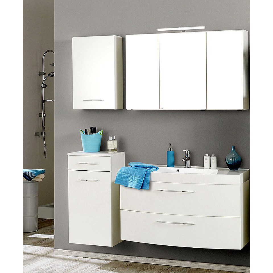 Lomadox Badmöbel-Set FLORIDO-03, (Spar-Set, 4-St), Waschtisch Spiegelschrank Badschrank Hängeschrank Unterschrank weiß