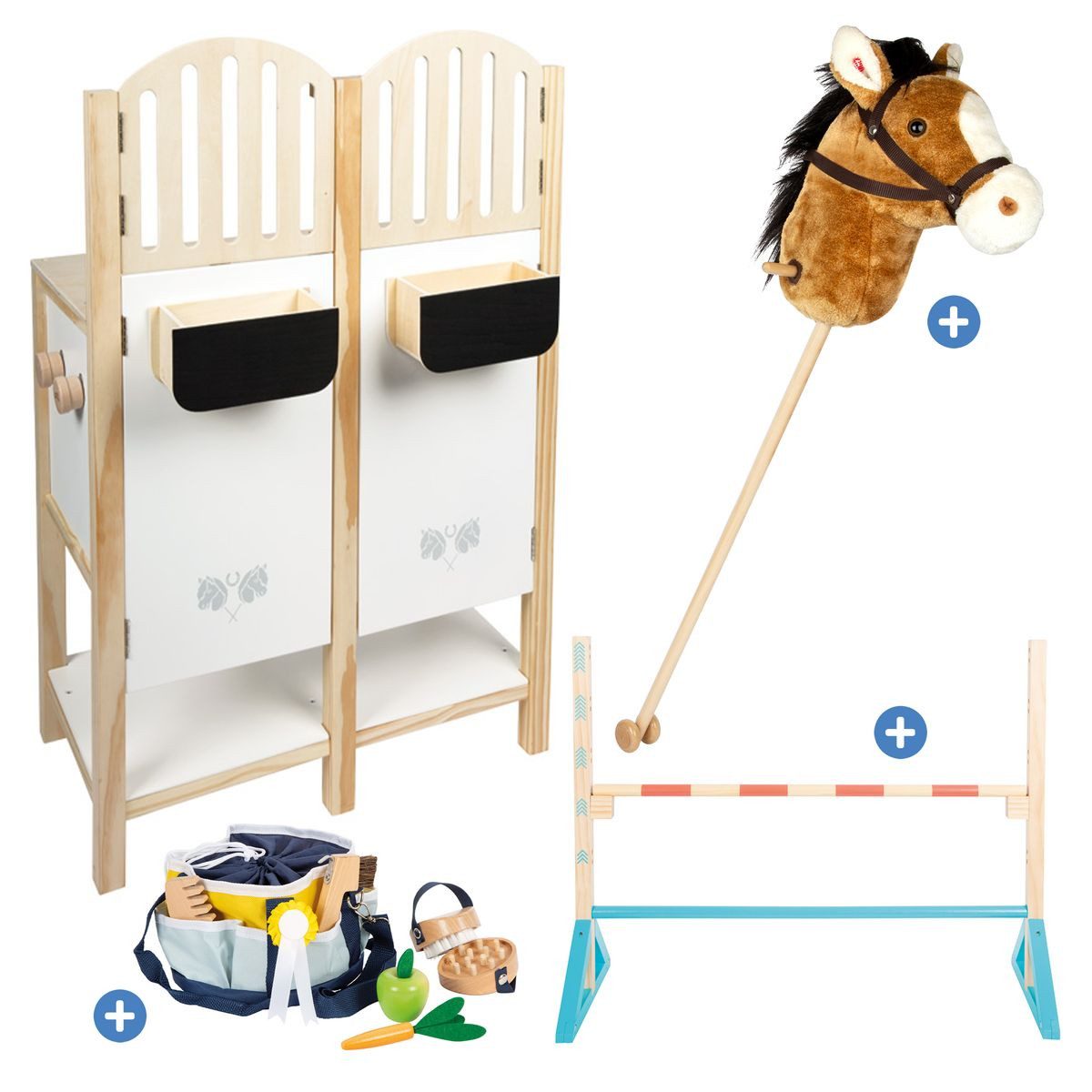 Small Foot Steckenpferd Braun / Bunt, Kinder Hobby Horsing-Set mit Steckenpferd, Stall, Hürde & Pflege-Set