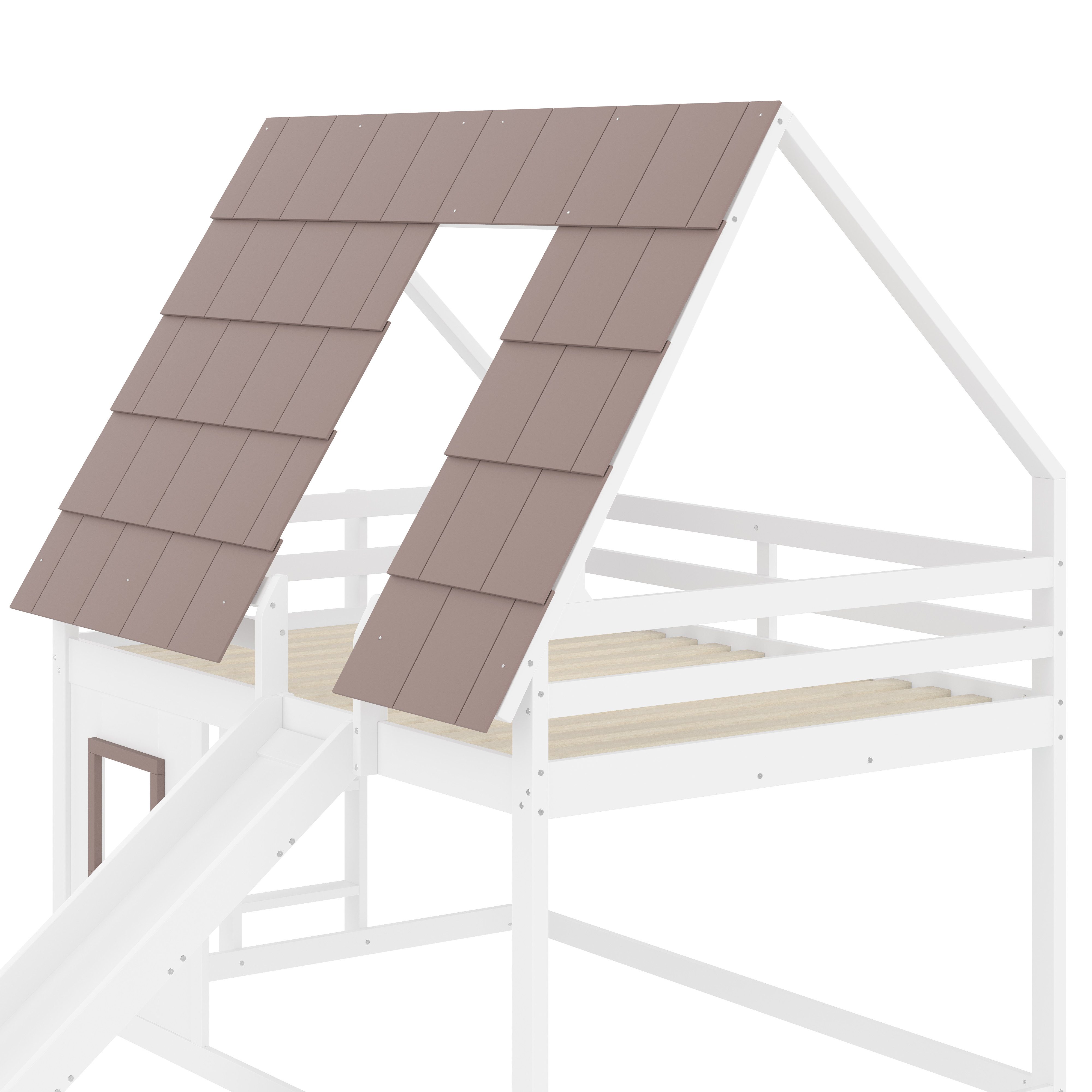 Merax Hochbett (210 x 264 x 193 cm, 1-St., Hausbett Kinderhaus Holzhaus) Etagenbett 140x200cm mit Dach, Leiter & Rutsche, Massivholz Kinderbett – Bild 5 von 5