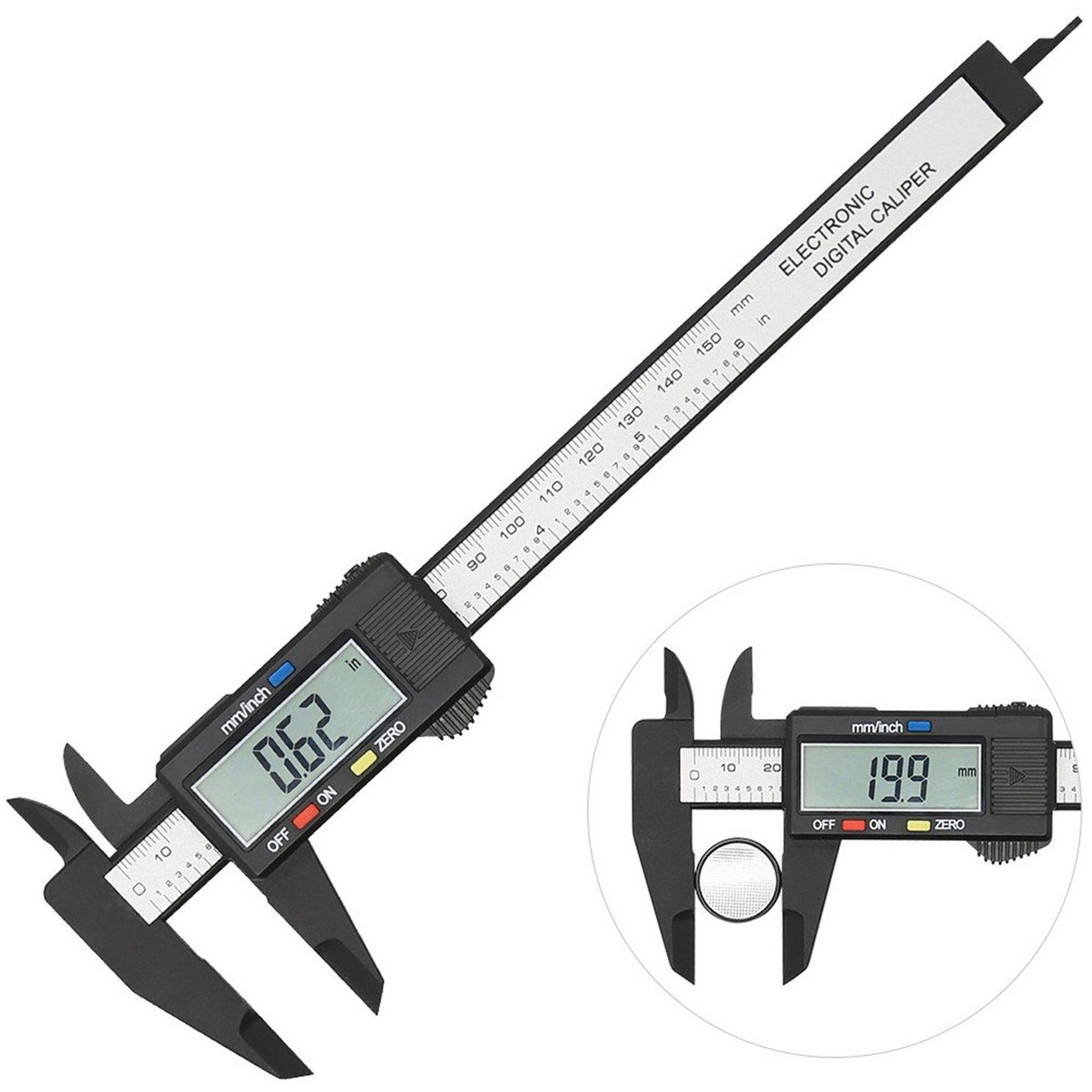 Olotos Messschieber Schwarz Tiefenmaß 0-150mm mit Außen-, Messlehre Schieblehre Batterie, automatische Digitaler Innen- und LCD Abschaltung Display für