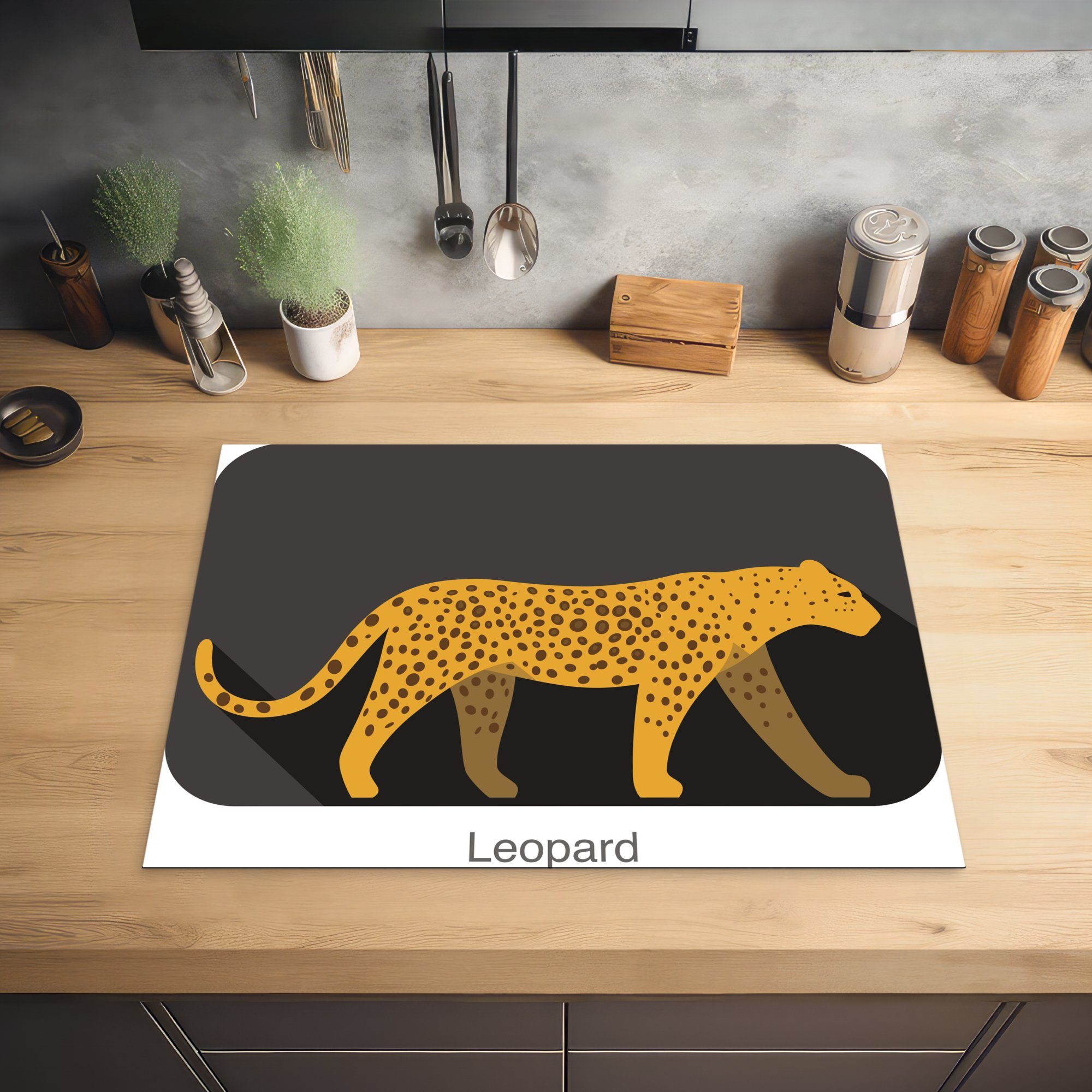 MuchoWow Herdblende-/Abdeckplatte Eine Illustration eines Leoparden auf Mobile (1 schwarzem nutzbar, Ceranfeldabdeckung 70x52 Arbeitsfläche Hintergrund, tlg), Vinyl, cm