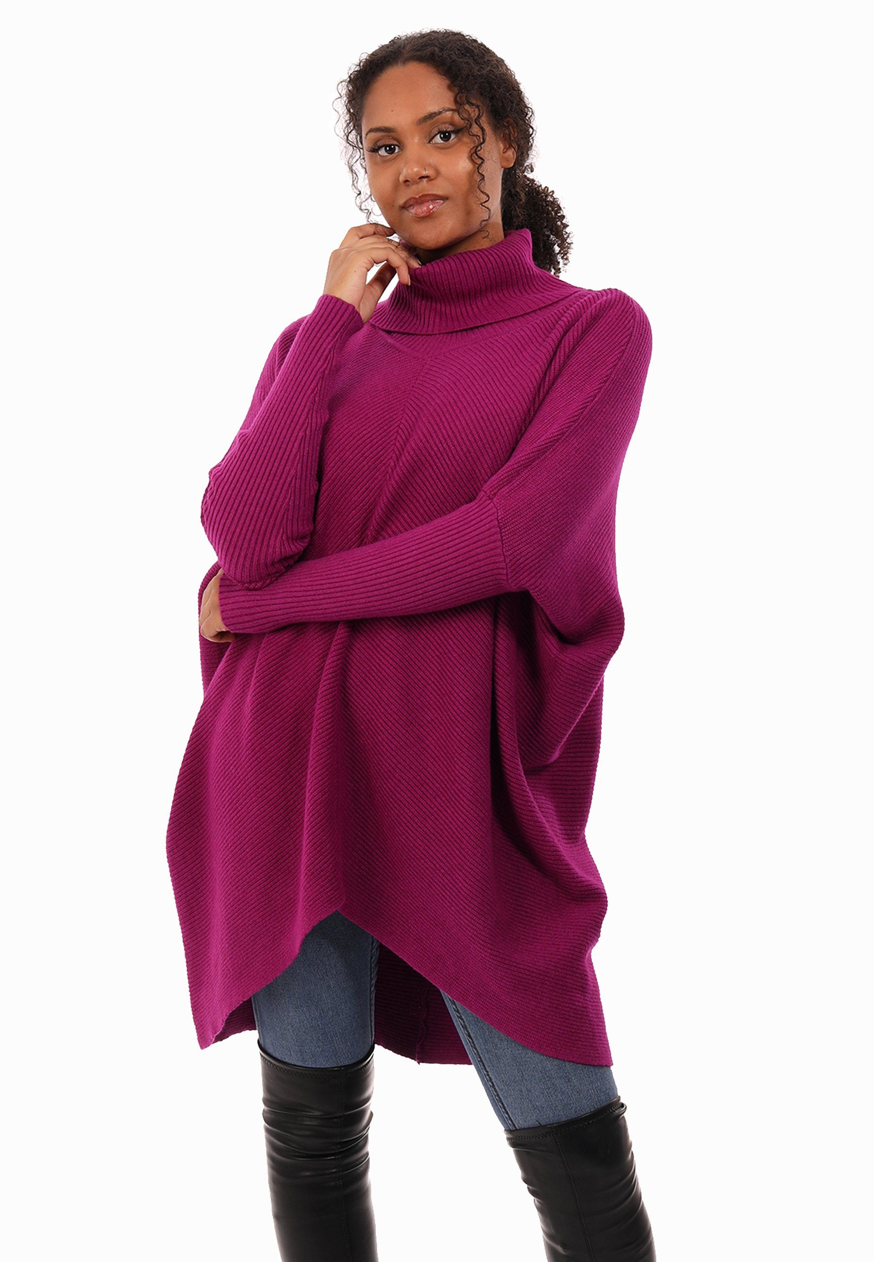 YC Fashion & Style Longpullover Strickpullover asymmetrisch Plus Size mit Rollkragen (1-tlg) in Unifarbe, mit überschnittenen Schultern magenta
