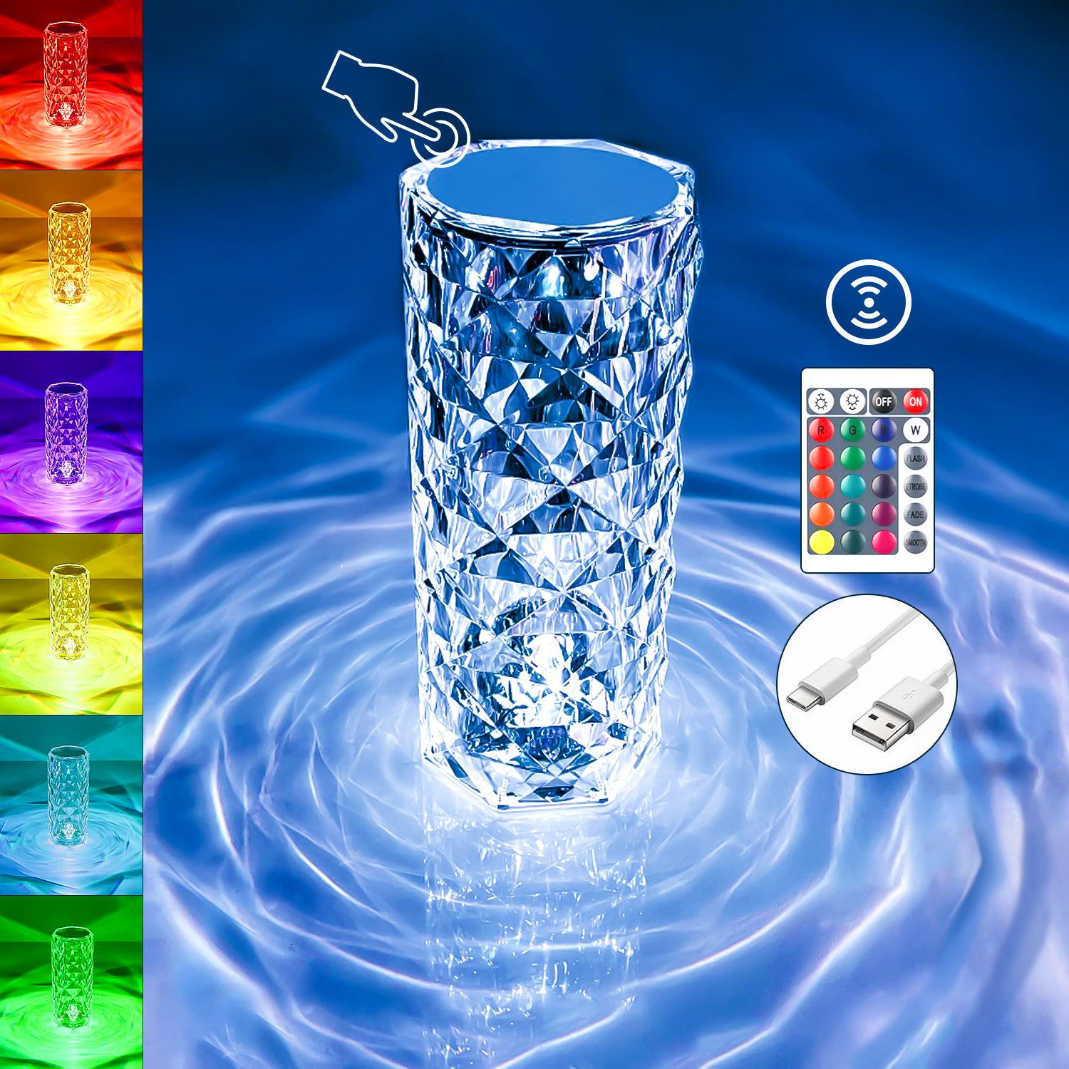 XINGGANG Tischleuchte Kristall Touch RGB LED Lampe - Fernbedienung, USB, Nachttischlampe, LED fest integriert, Acryl, 16 Farben, Touch, Fernbedinung, 3D-Effekt, vielseitig