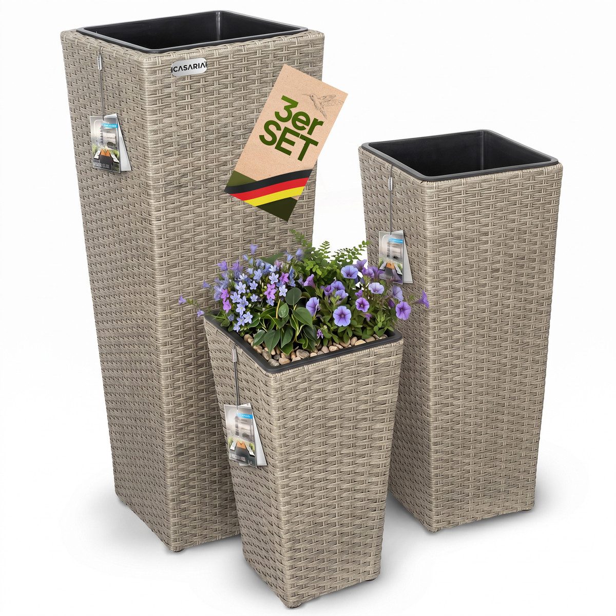 Casaria Pflanzkübel, Casaria Blumentopf 3er Set Polyrattangeflecht Übertopf Wasserabfluss