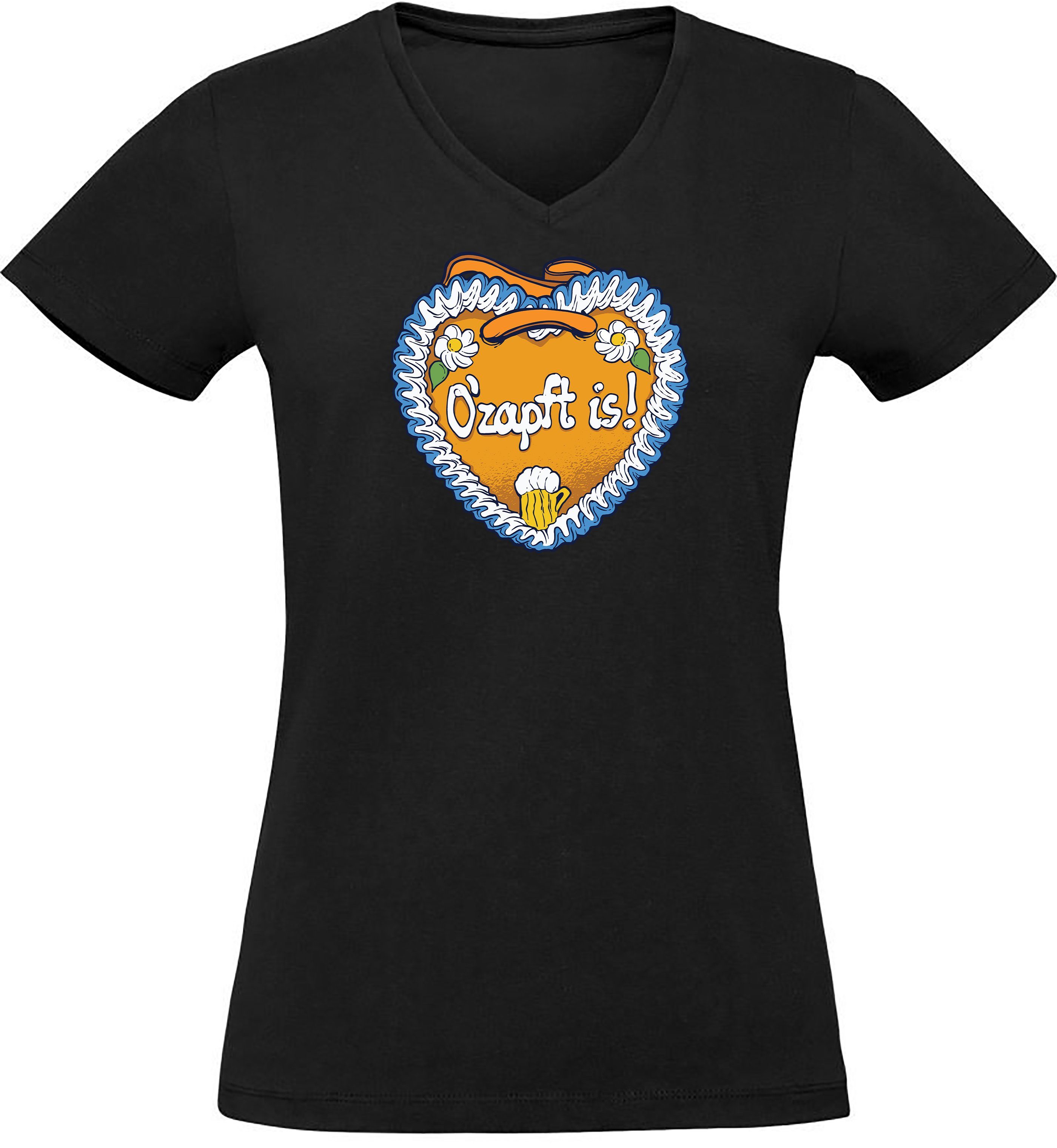 Herz is Oktoberfest O´Zapft i313 T-Shirt - Slim Print Damen schwarz Shirt mit T-Shirt V-Ausschnitt Lebkuchen MyDesign24 Fit,
