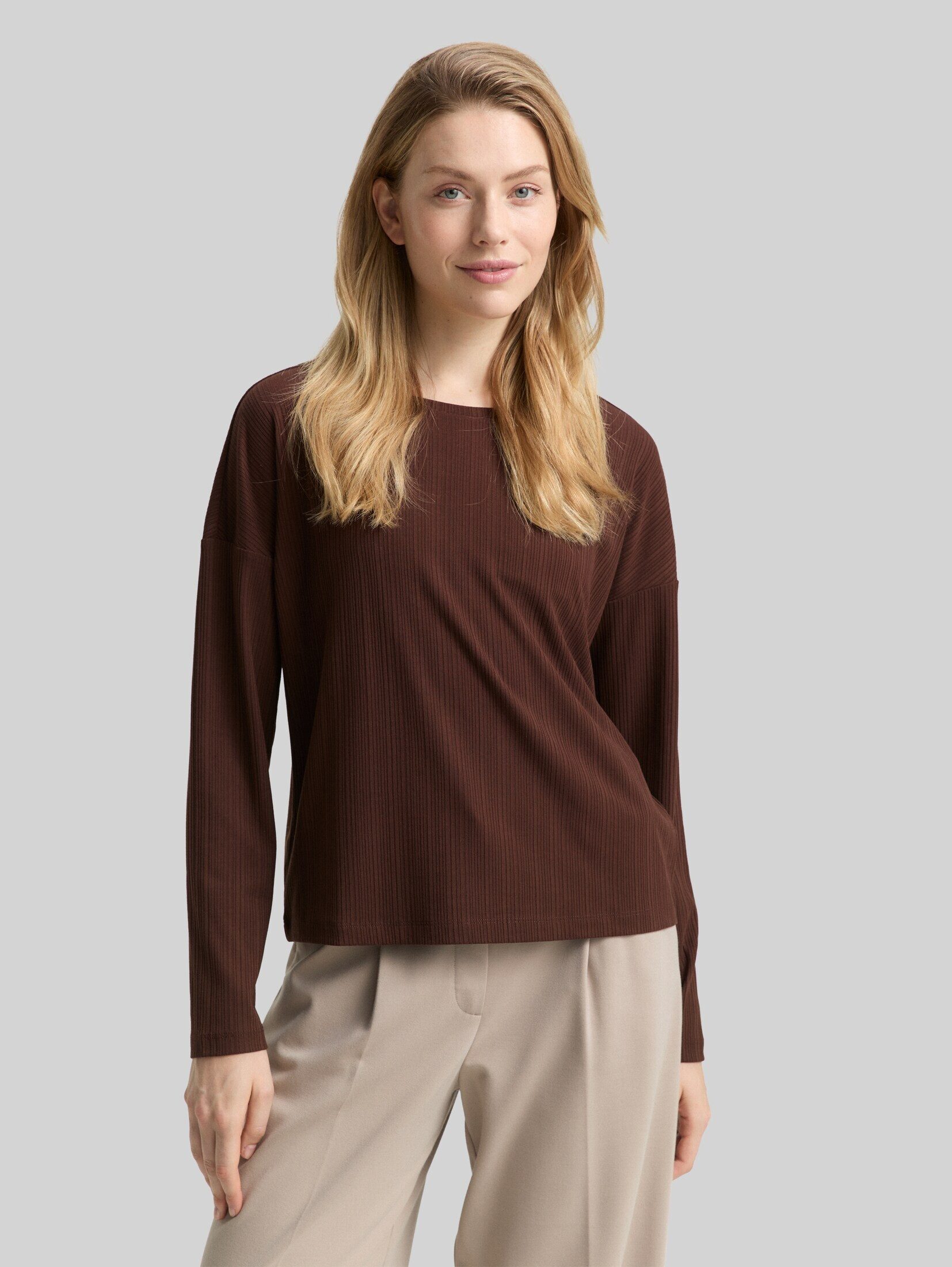 TOM TAILOR Langarmshirt T-Shirt Loose Fit Langarmshirt mit Rippstruktur