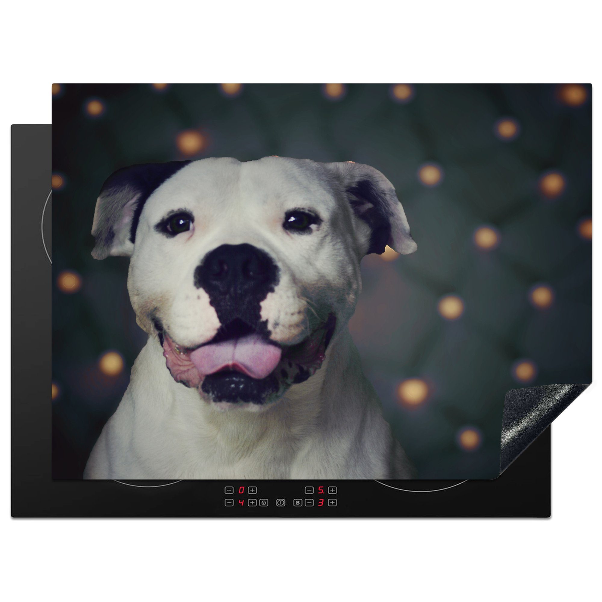 MuchoWow Herdblende-/Abdeckplatte Schwarzer und weißer American Staffordshire Terrier für, Vinyl, (1 tlg), 70x52 cm, Mobile Arbeitsfläche nutzbar, Ceranfeldabdeckung