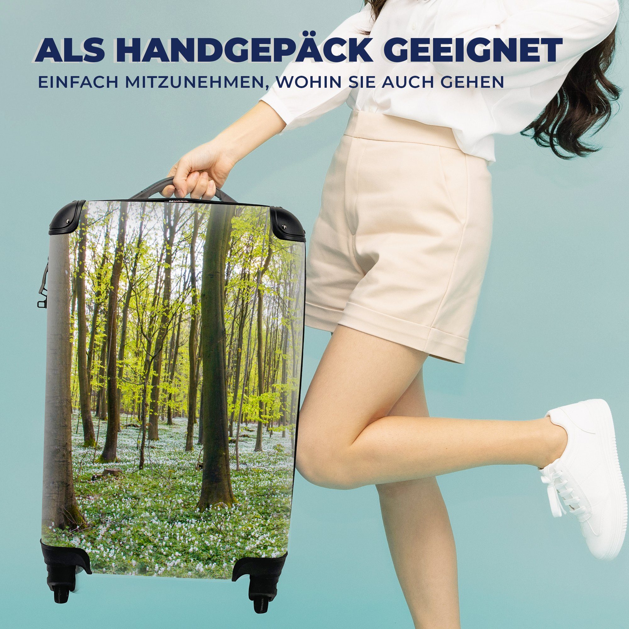 MuchoWow Handgepäckkoffer Rollen, mit Reisekoffer Handgepäck Reisetasche Frühling, - rollen, Blumen für - Ferien, Bäume 4 Trolley