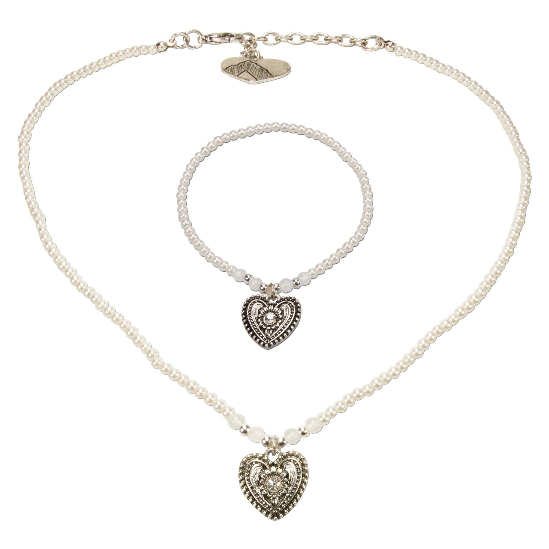 Ketten-Set Trachtenschmuck-Set Filigran Perlen-Trachtenkette und Trachten-Armband Trachtenherz (creme-weiß)