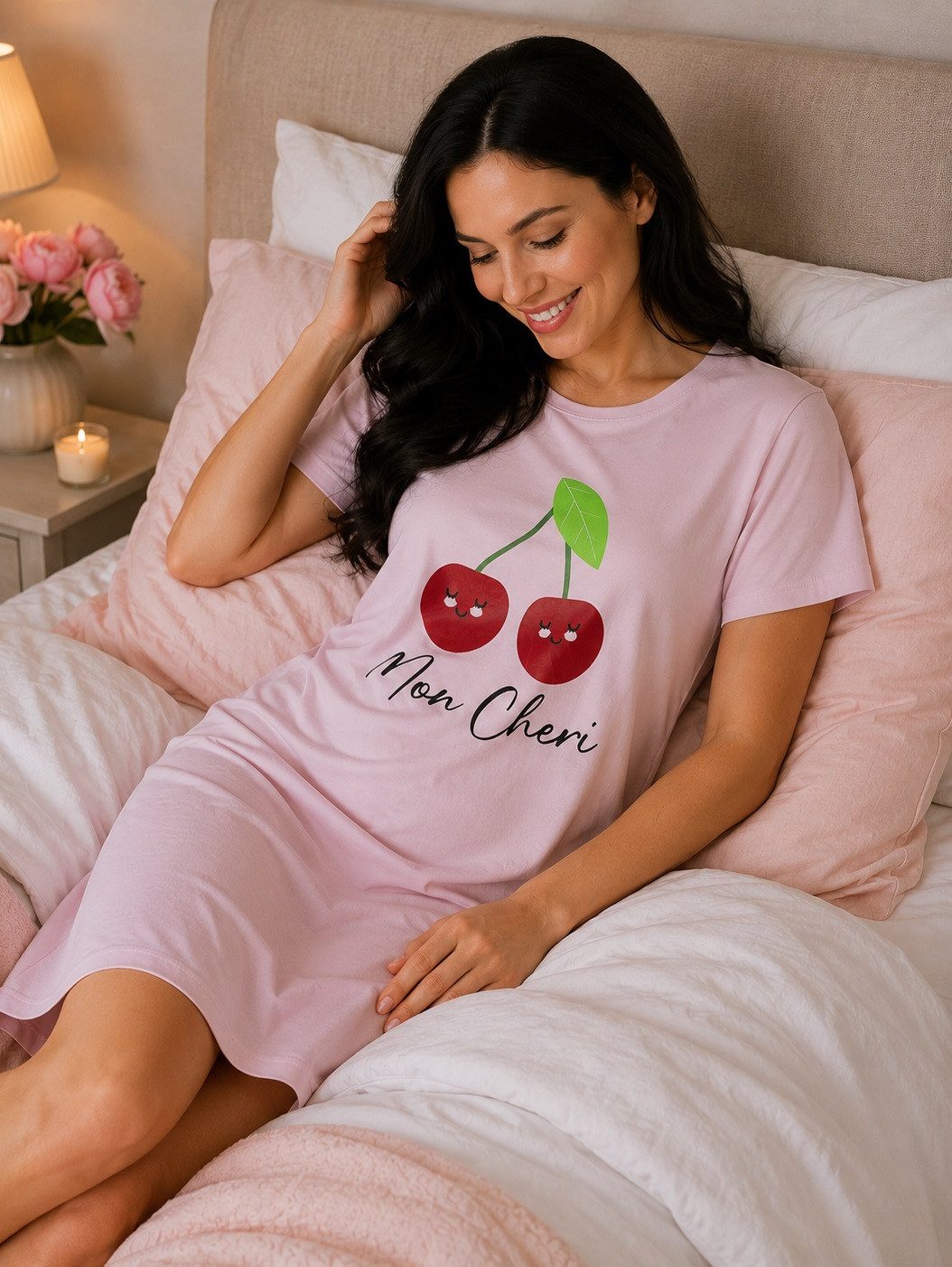 Rungassi Nachthemd Nachthemd Damen Kurzarm Schlafshirt Baumwolle Rosa mit Kirschen 6819