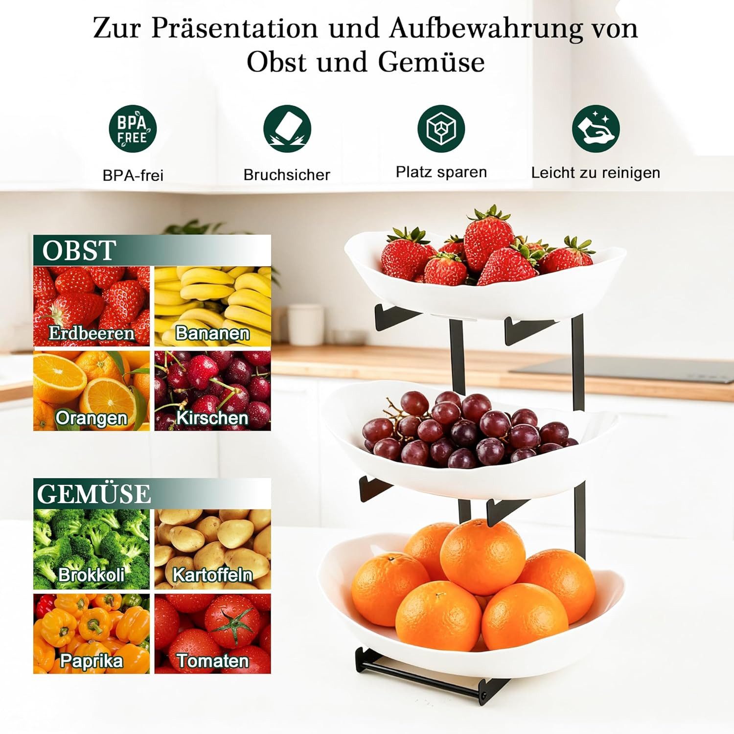 LIBWYS Obstschale 3-stöckige Obstetagere aus Kunststoff mit Ständer Anti-Rutsch-Design, PVC, (Mehrteiliges Obstschalen Set mit 3 Ebenen und stabilem Steckständer XL), Vertikales Design zur Platzersparnis, flexibel nutzbare Schalen