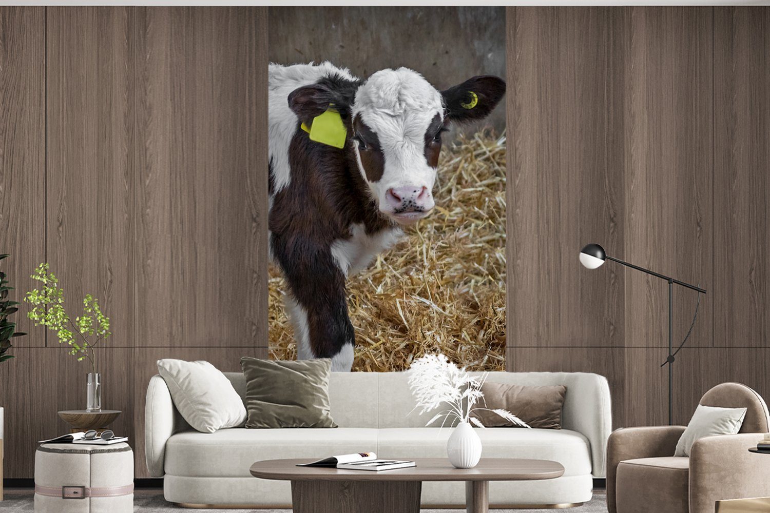 MuchoWow Fototapete Kuh - - Wohnzimmer für Vliestapete Tiere, Küche, (2 bedruckt, Stroh Fototapete Kalb St), - Schlafzimmer Matt