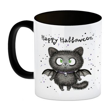 speecheese Tasse Happy Halloween Kaffeebecher in schwarz mit schwarzer Fledermaus-Katze