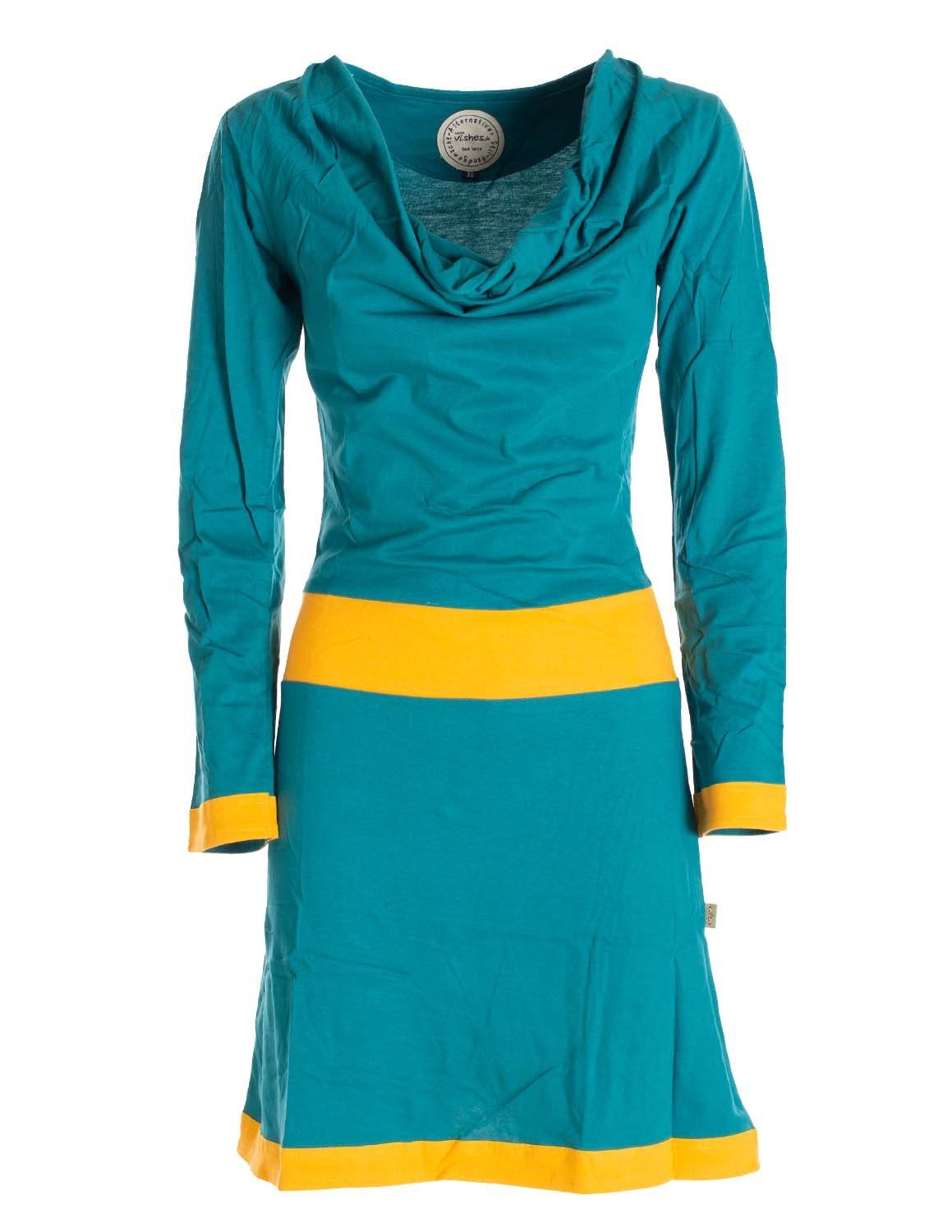 Vishes Midikleid Langarm Kleid Wasserfallkragen Bio-Baumwolle farbiger Bund Boho, Thno, Hippie, Festival Style türkis