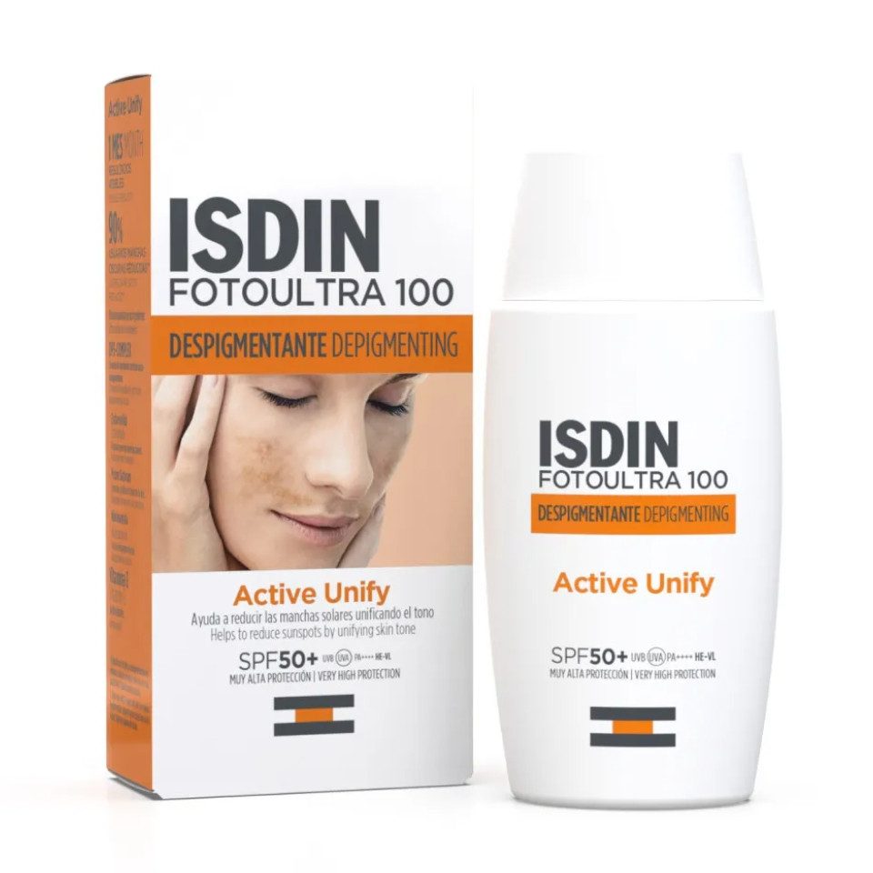 Isdin Sonnenschutzfluid ISDIN FotoUltra 100 Active Unify SPF 50+ 50 ml, Sonnenschutz gegen Pigmentflecken