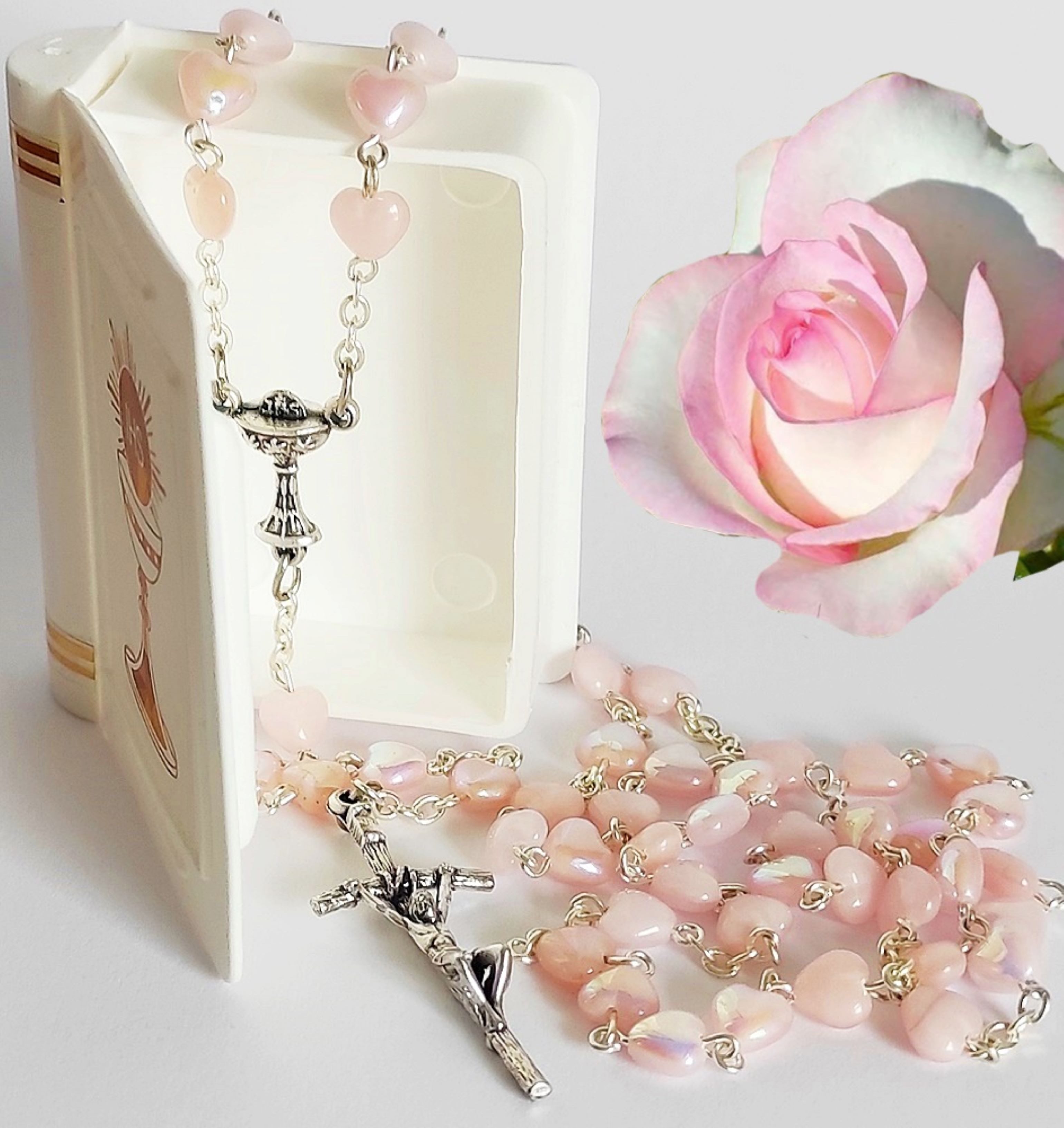 Sacramenta Schmuckset Wunderschöner Rosenkranz mit rosa Herzperlen in Buchbox – Handarbeit! – Bild 3 von 5