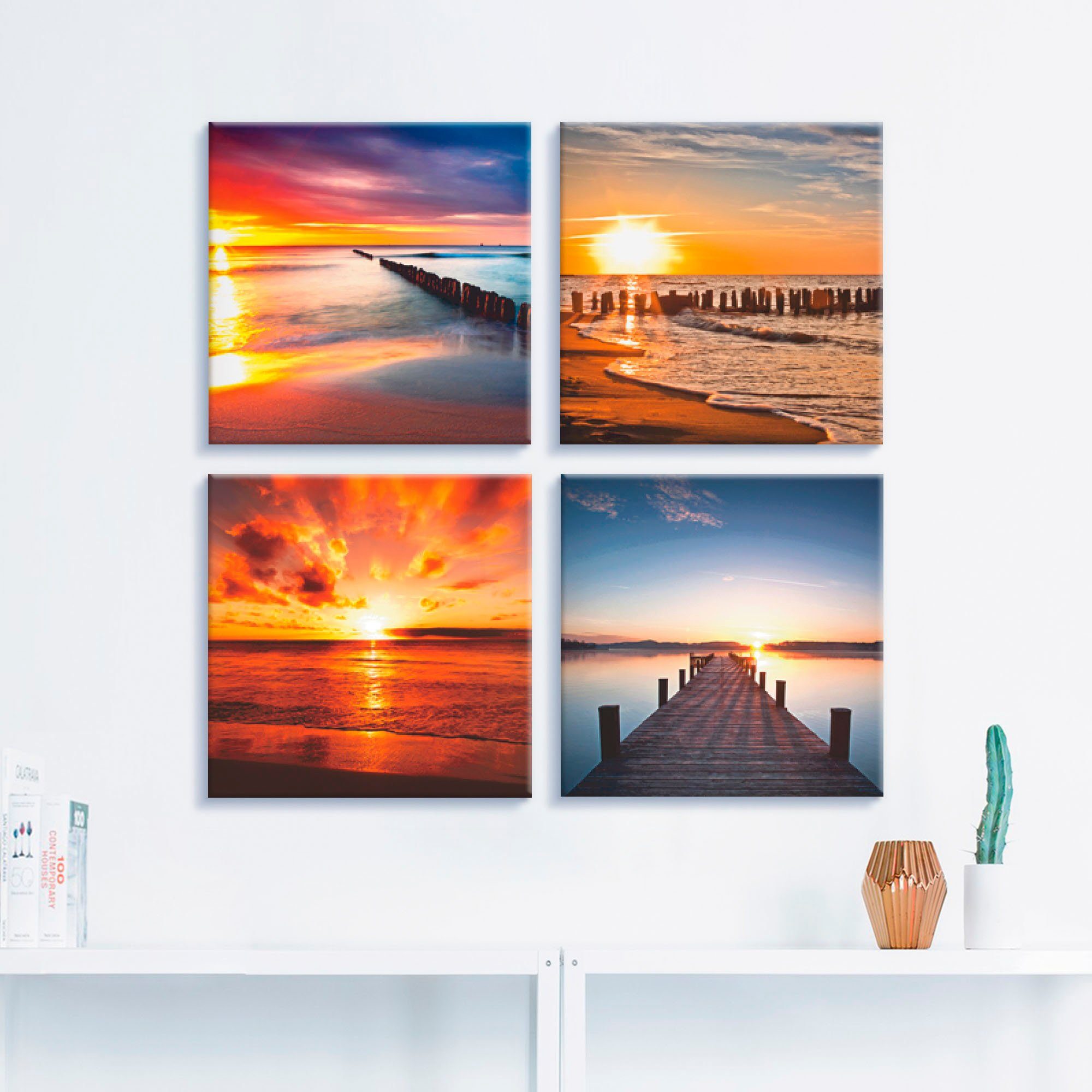 Artland Leinwandbild Ostsee Strand Sonne Sonnenuntergang, Strand (4 St), 4er Set, verschiedene Größen