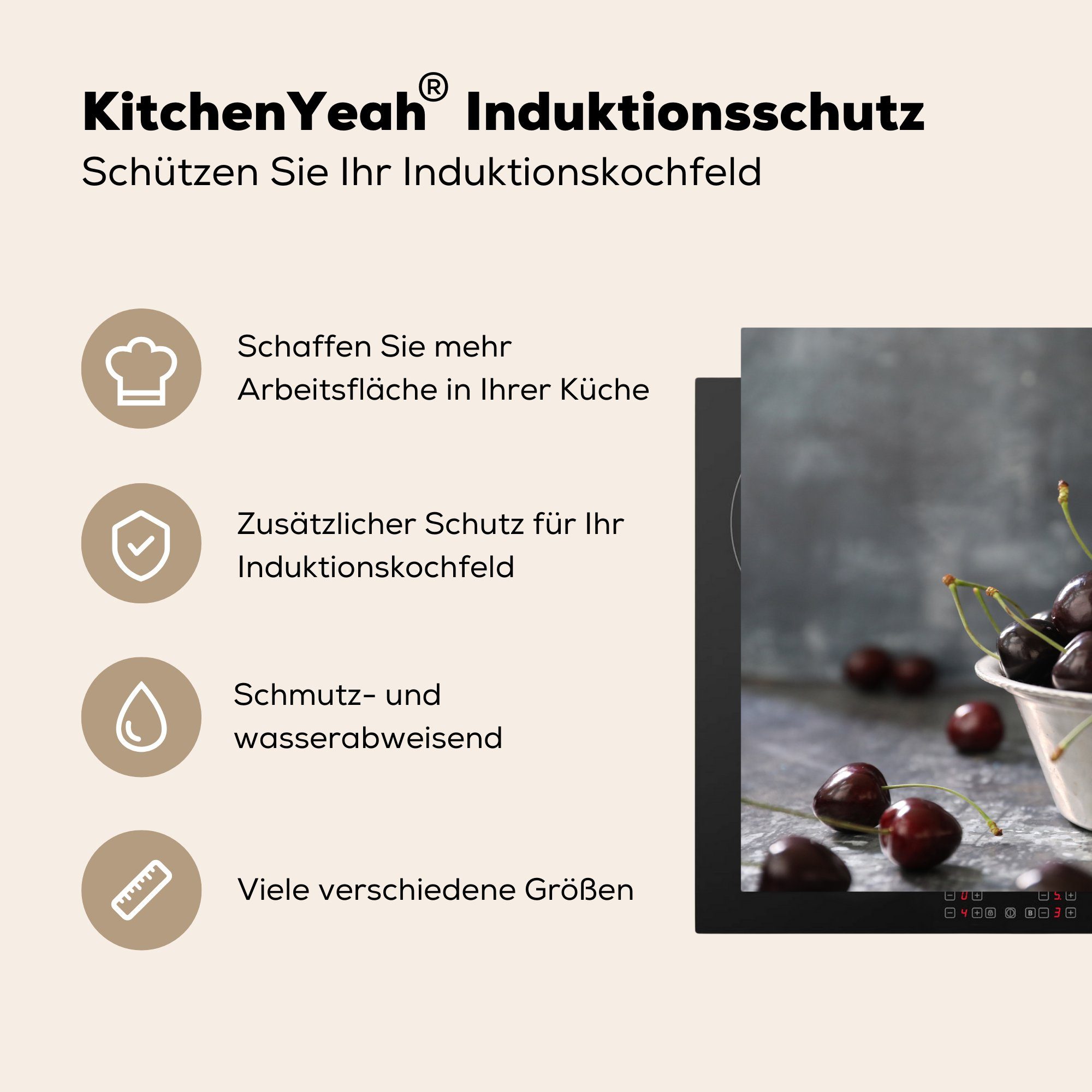 - küche, Schale Ceranfeldabdeckung (1 tlg), 81x52 Schutz MuchoWow Induktionskochfeld - cm, Rot, Kirsche für Herdblende-/Abdeckplatte Vinyl, die