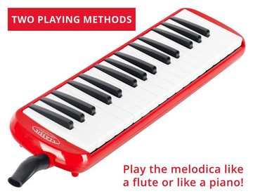 Classic Cantabile Melodica Blasharmonika mit 32 Tasten - Melodica Instrument, f - c³, (Anfänger-Set, 6, Mit Etui, Mundstück und Anblasschlauch), Booklet mit 5 Kinderliedern und bunten Aufklebern