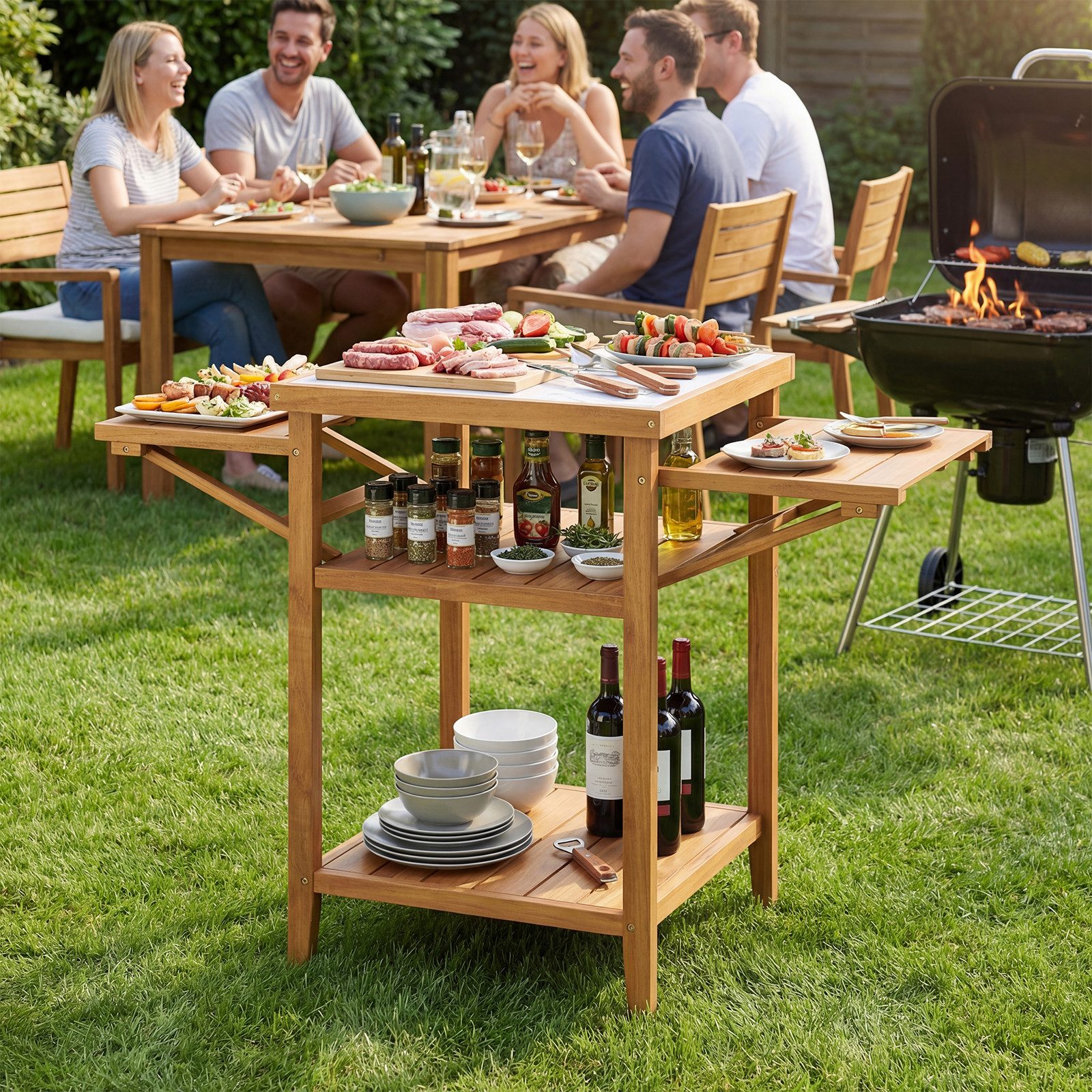 COSTWAY Gartentisch, Grilltisch Outdoor, Campingtisch aus Akazienholz