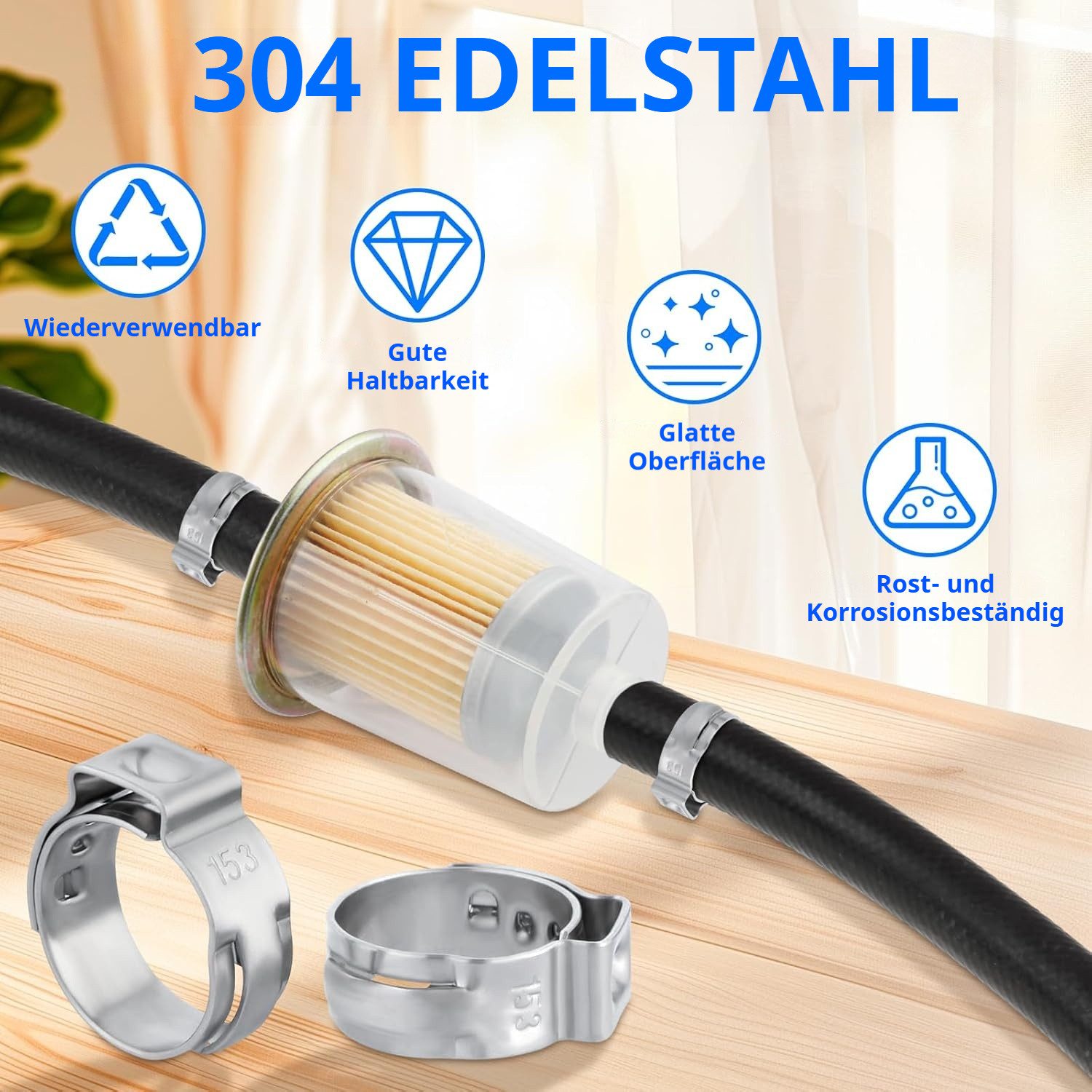 BlingBin Schlauchschelle 130 Stück Edelstahl Einohr-Schlauchschellen, 7 Größen 7-21mm, (130er Set, 130-St., 7-21mm), Verstellbare Ohrschellen für Wasserrohre, Sanitär und Automobil