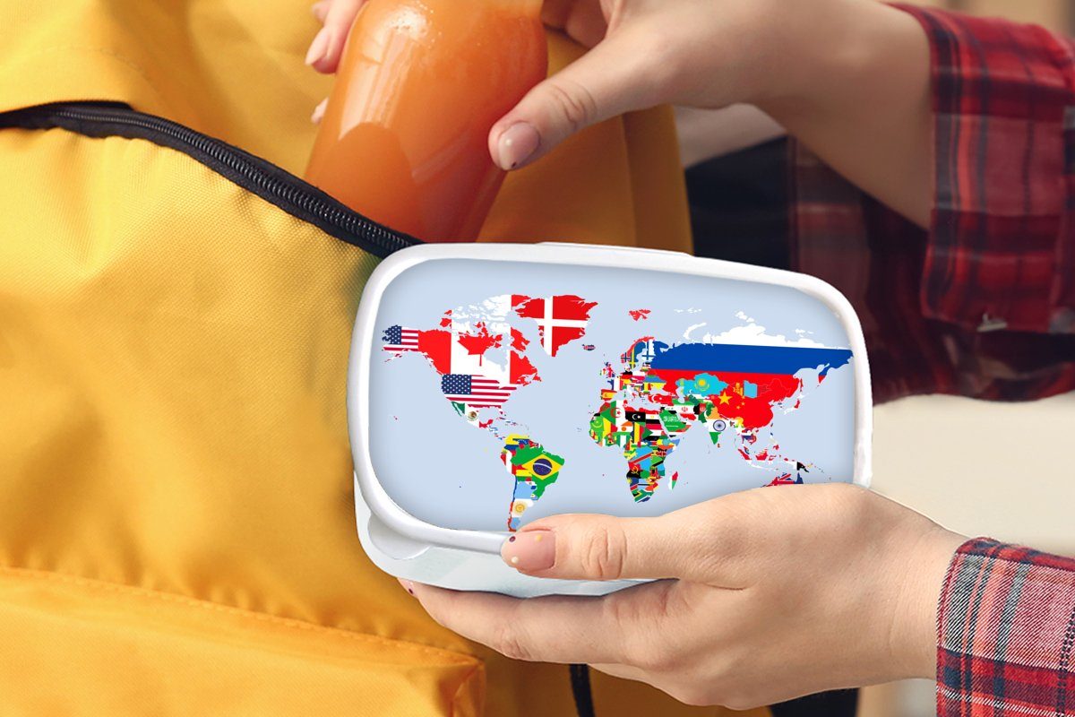MuchoWow Lunchbox Welt Erwachsene, Brotdose, und weiß - Länder, und Brotbox Kinder für - für Mädchen - Karte (2-tlg), Jungs Flagge Kunststoff