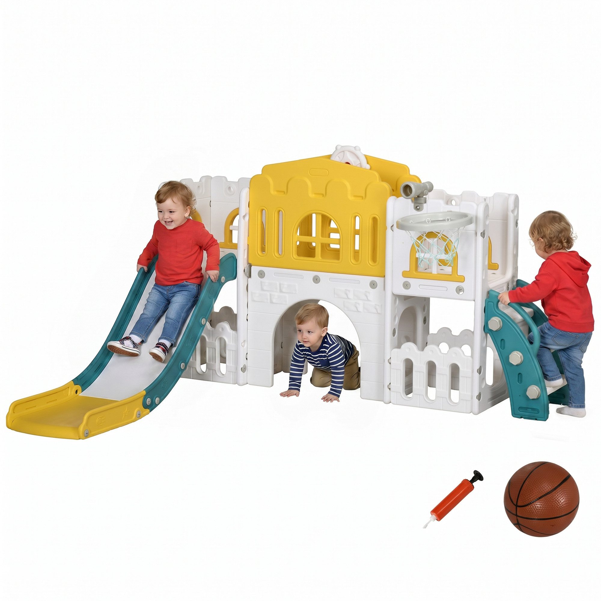 AIYAPLAY Rutsche Kinder Gartenrutsche 7-in-1 Klettergerüst mit Basketballkorb, (Kleinkinderrutsche, 1-tlg., Kinderrutsche), für 1-3 Jahre, Gelb
