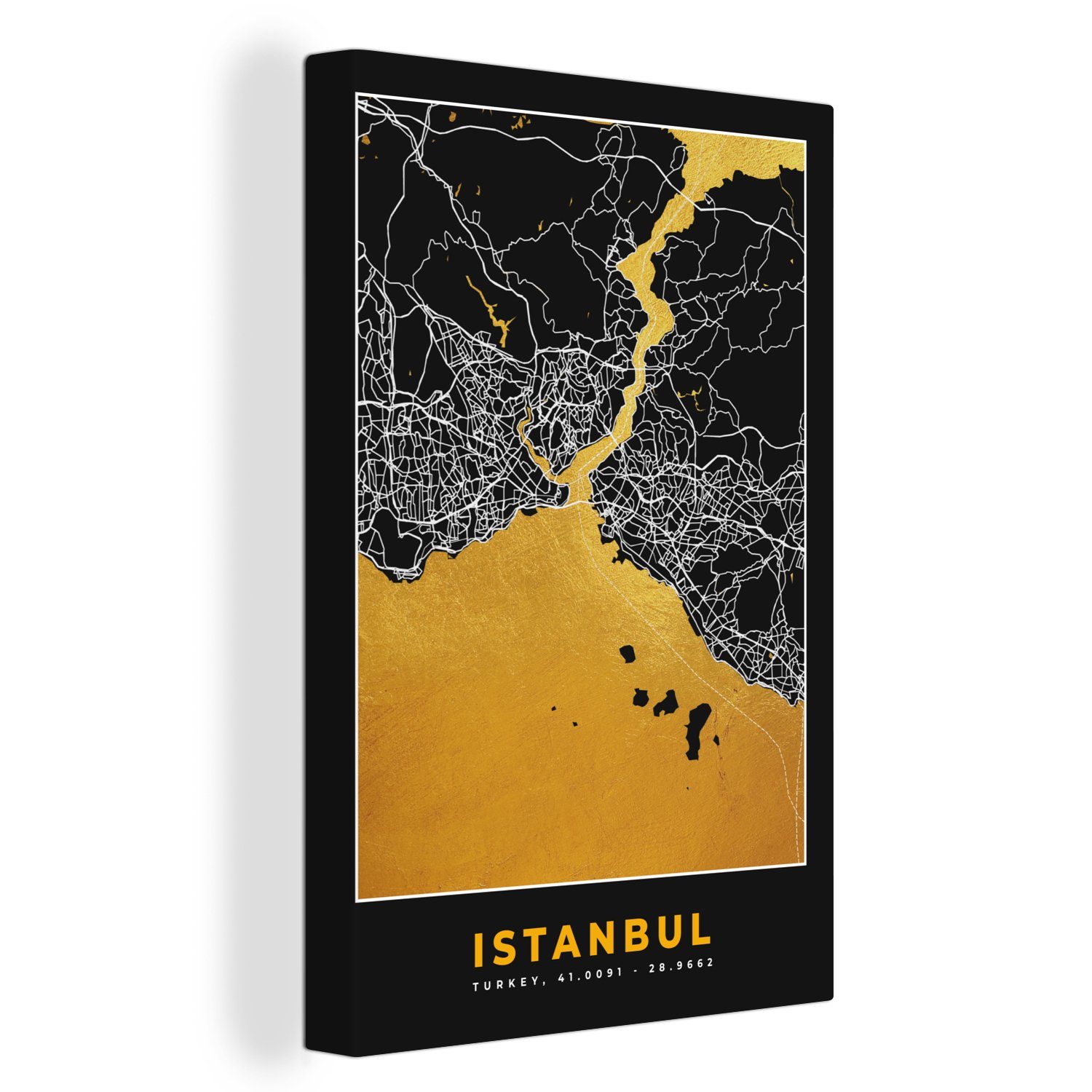 OneMillionCanvasses® Leinwandbild Istanbul - Karte - Gold - Stadtplan - Karte, (1 St), Leinwandbild fertig bespannt inkl. Zackenaufhänger, Gemälde, 20x30 cm
