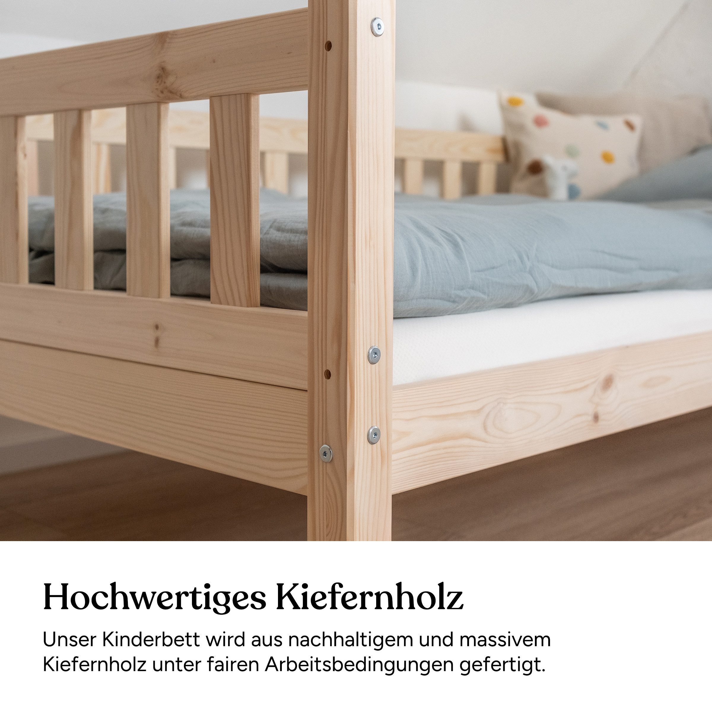 Ehrenkind Kinderbett Lille aus massivem Kieferholz inkl. Rollrost und Rausfallschutz (90x200 cm Natur, 2-in-1: Mit optionalem Umbauset zum Bodenbett umbaubar),  – Bild 5 von 5