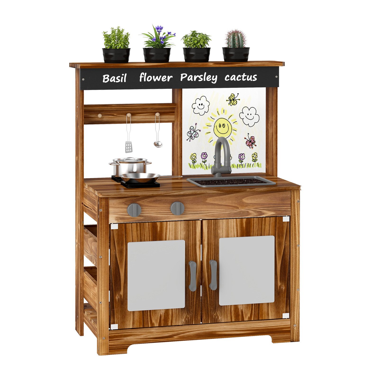 KOMFOTTEU Outdoor-Spielküche, Kinderküche mit 4 Kochzubehör & Pflanztöpfen