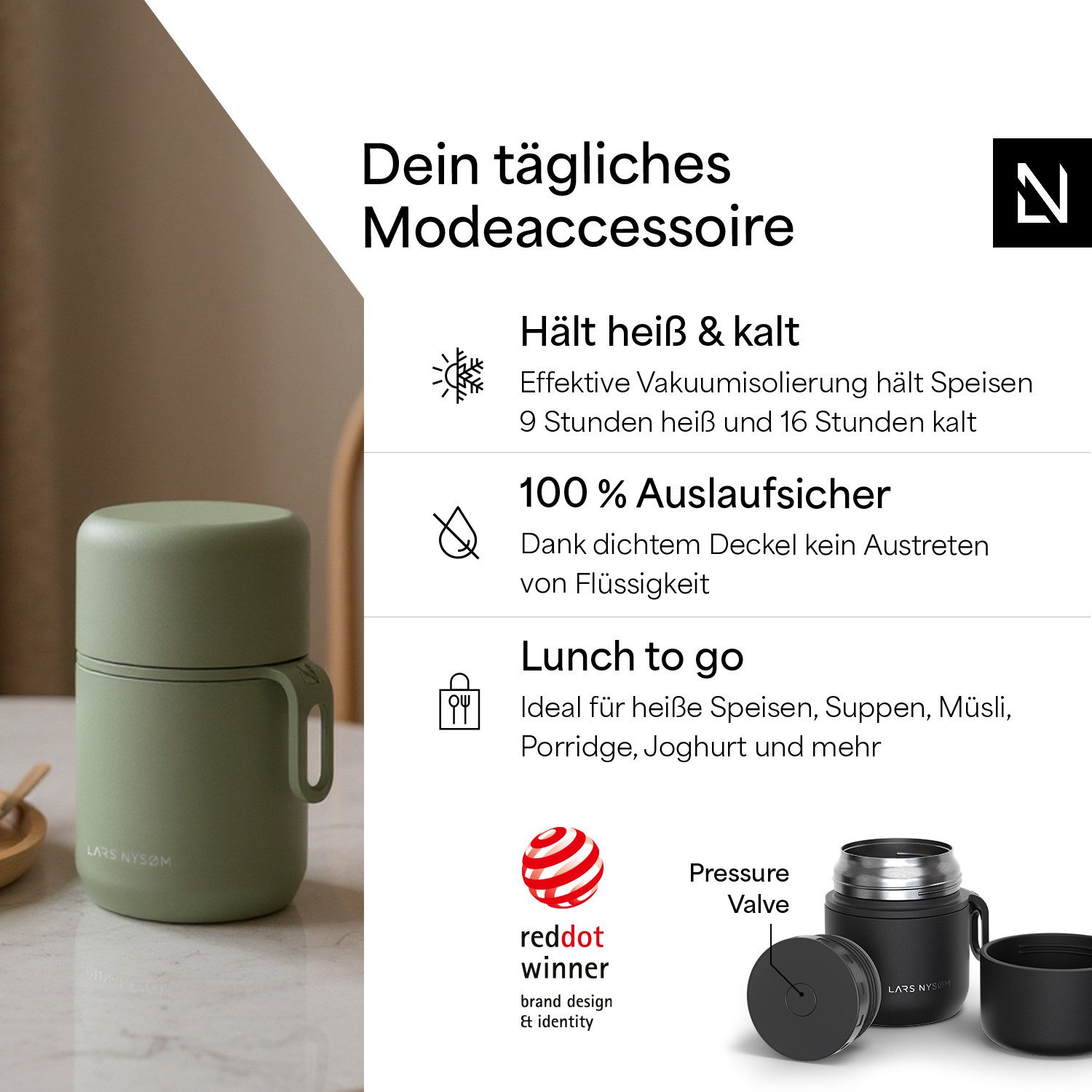 LARS NYSØM Brotkasten Næring, (1-tlg), Thermobehälter mit Trageband, hält bis zu 9h warm / 12h kühl