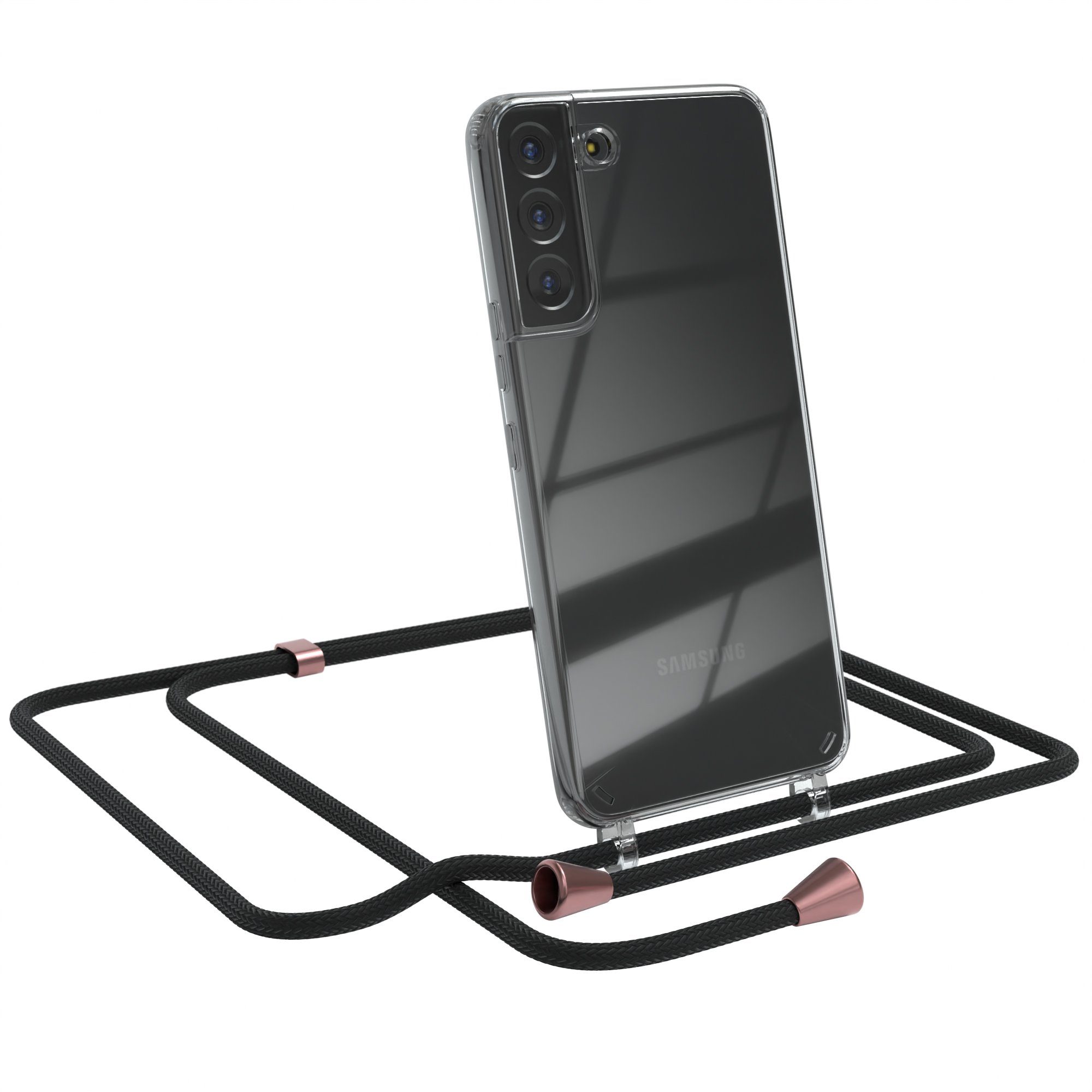 EAZY CASE Handykette Hülle mit Kette für Samsung Galaxy S22 Plus 5G 6,6 Zoll, Handykordel Smartphonekette für Unterwegs Festivalbag Schwarz Rosé