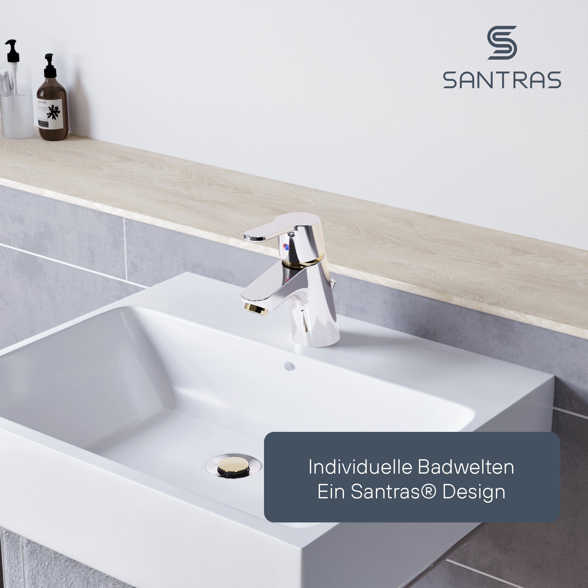 Santras Ablaufgarnitur für Armatur mit Zugstange (Exzenter) in Chrom / Edelmessing