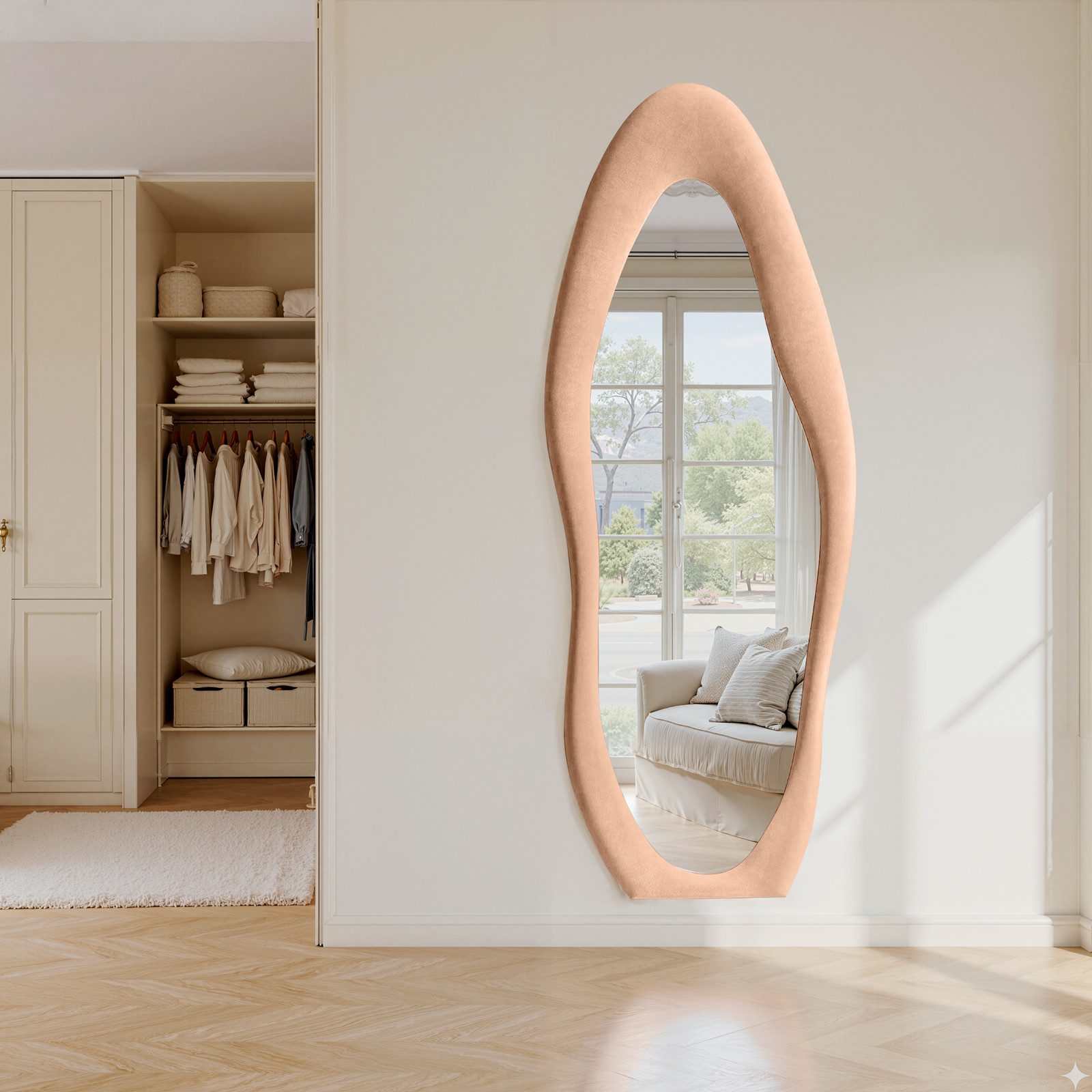LUNAMIRROR Ganzkörperspiegel in organische Form, mit Samtbezug und Holzrahmen (1-St), stehend & hängend, 160x60 cm